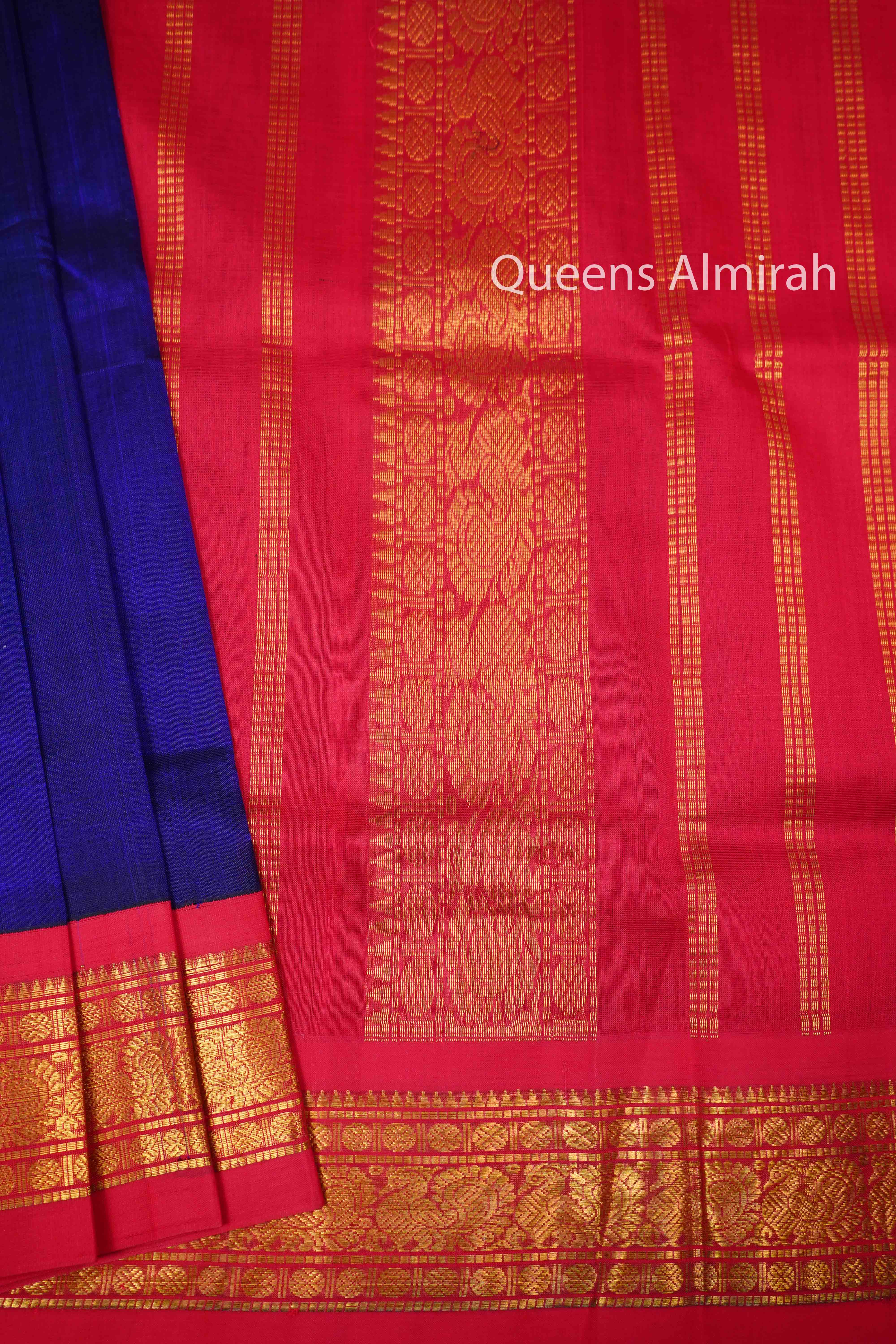 PERSIAN BLUE WITH RED PURE SILK COTTON SAREE - Queens Jewel Emporium