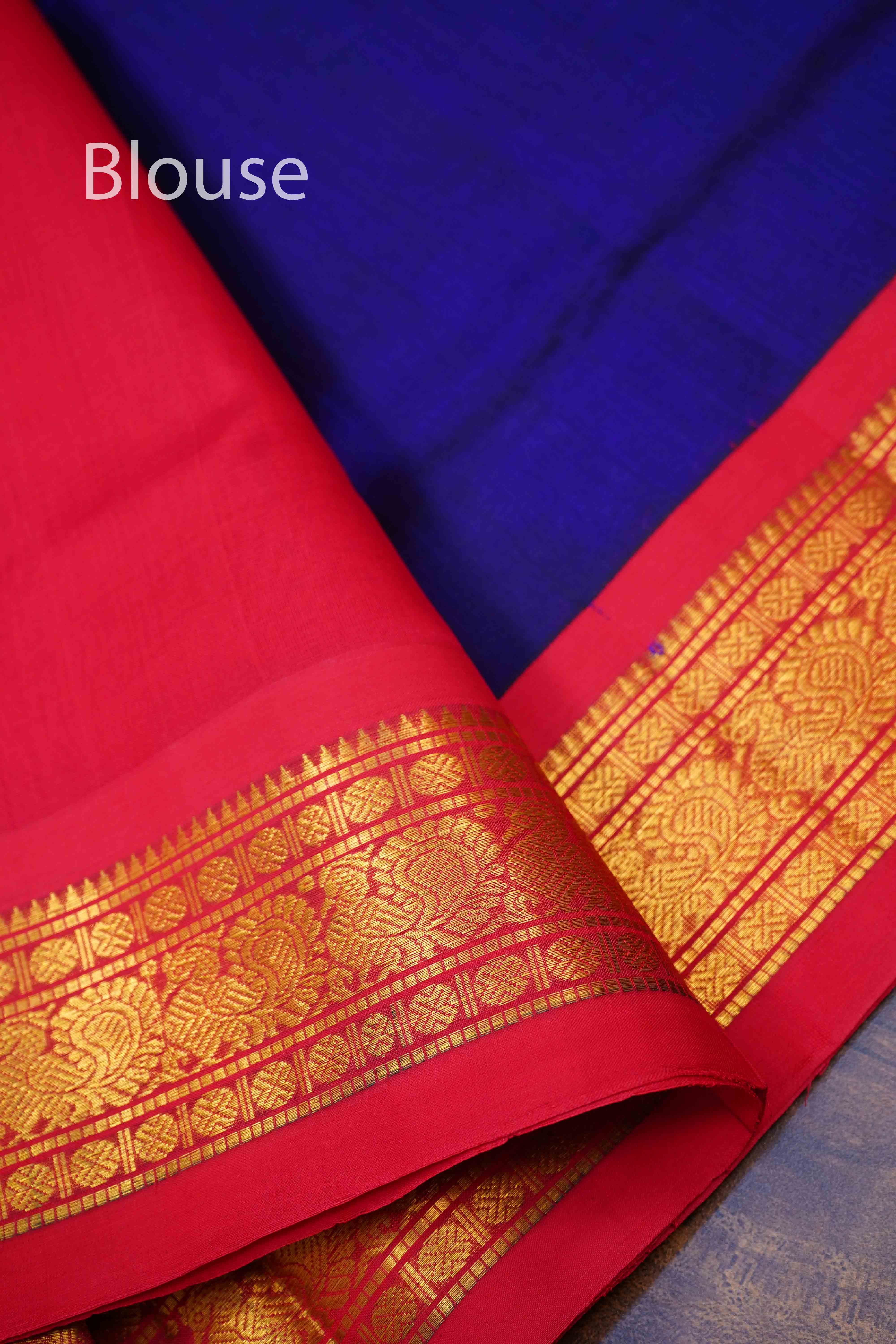 PERSIAN BLUE WITH RED PURE SILK COTTON SAREE - Queens Jewel Emporium