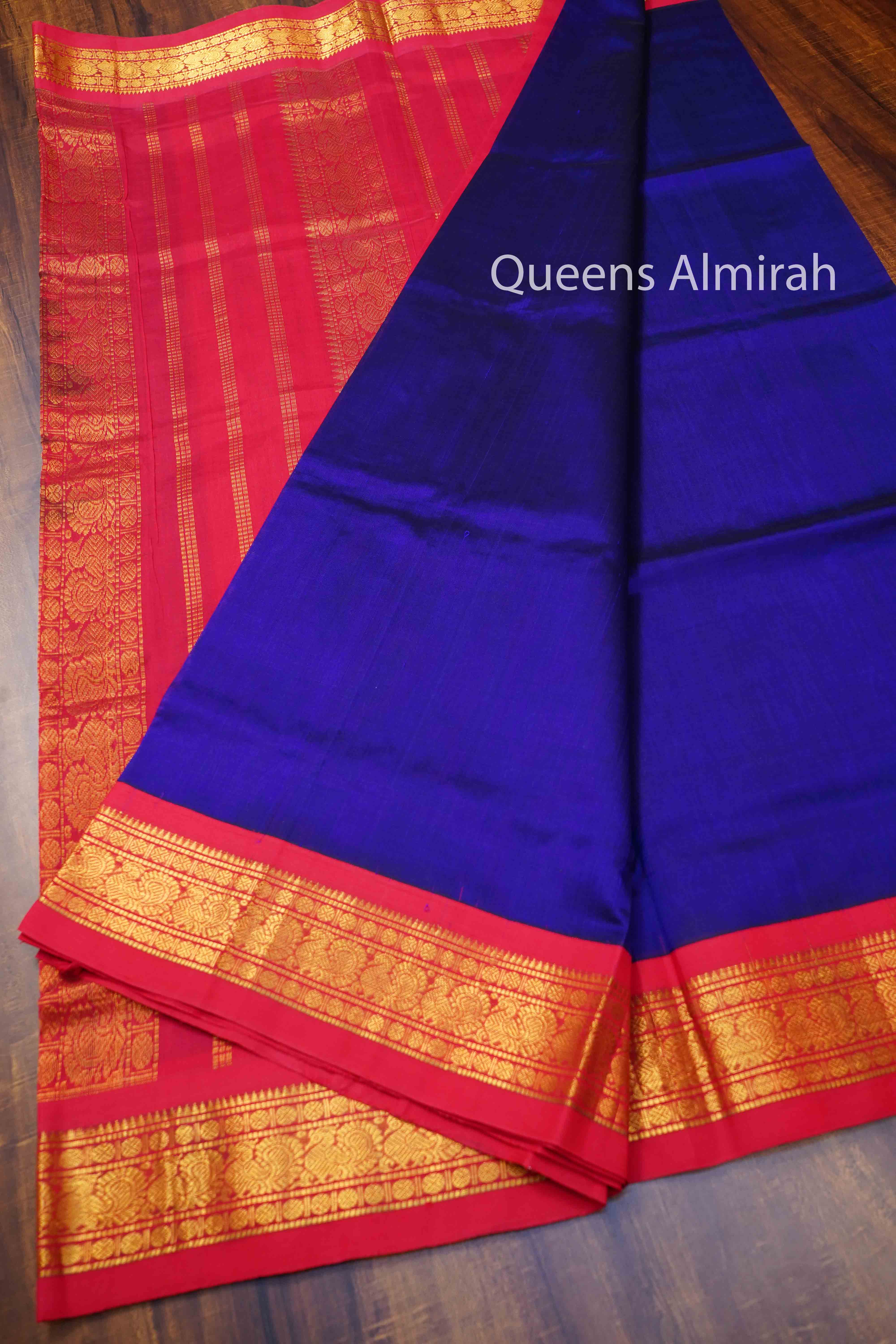 PERSIAN BLUE WITH RED PURE SILK COTTON SAREE - Queens Jewel Emporium