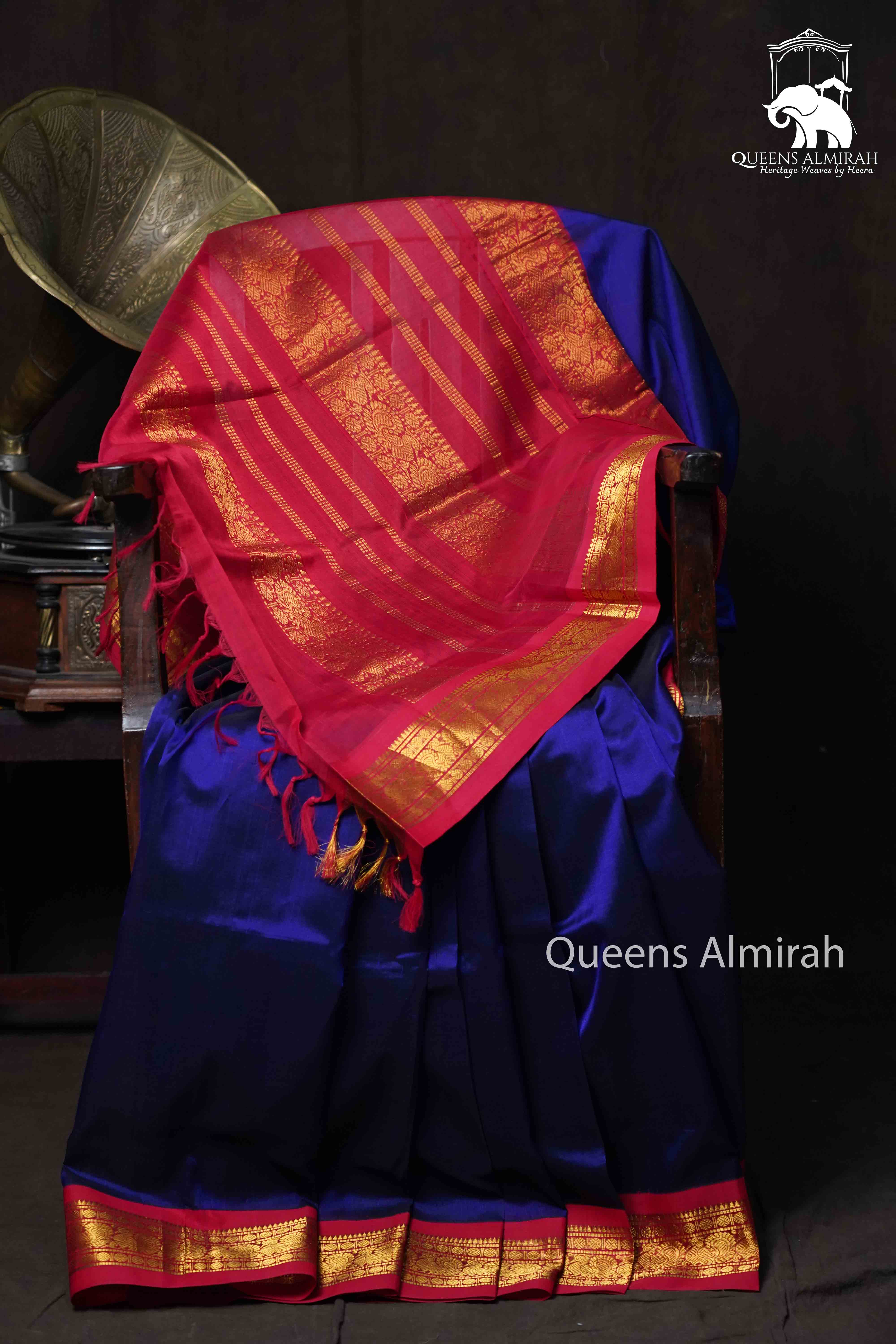 PERSIAN BLUE WITH RED PURE SILK COTTON SAREE - Queens Jewel Emporium