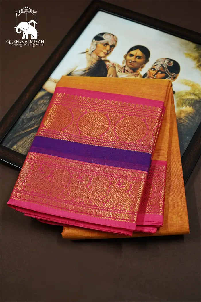 PERSIAN ORANGE WITH DEEP ROSE KANCHI COTTON SAREE - Queens Jewel Emporium