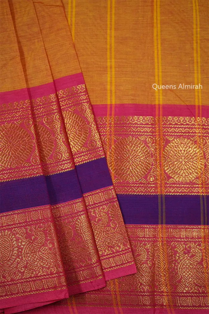 PERSIAN ORANGE WITH DEEP ROSE KANCHI COTTON SAREE - Queens Jewel Emporium