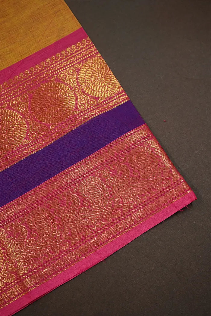 PERSIAN ORANGE WITH DEEP ROSE KANCHI COTTON SAREE - Queens Jewel Emporium