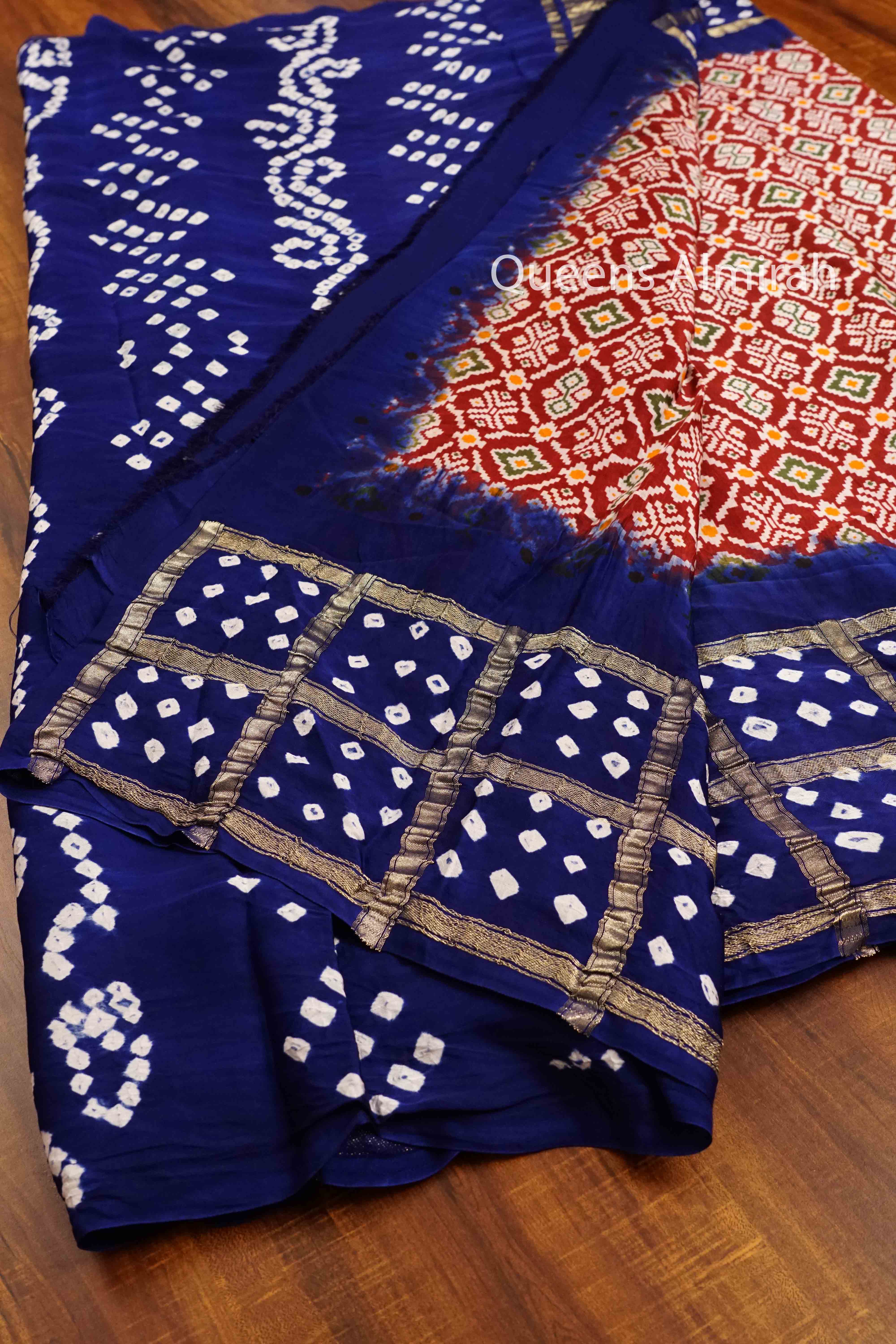 PERSIAN RED WITH ROYAL BLUE MODAL SILK SAREE - Queens Jewel Emporium