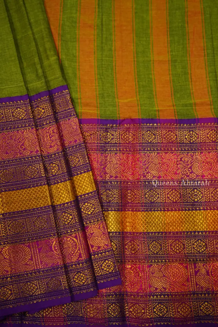 PICKLE GREEN LONG MULTI COLOUR ZARI BORDER NARAYANPET COTTON SAREE - Queens Jewel Emporium