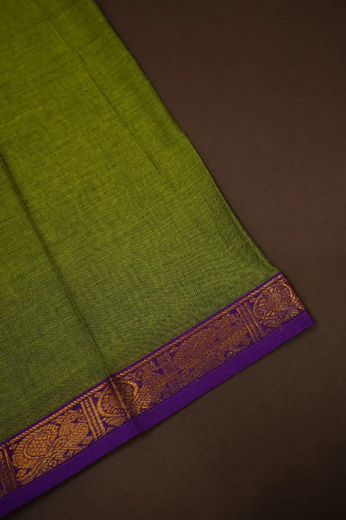 PICKLE GREEN LONG MULTI COLOUR ZARI BORDER NARAYANPET COTTON SAREE - Queens Jewel Emporium