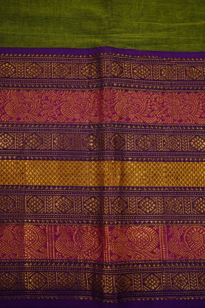 PICKLE GREEN LONG MULTI COLOUR ZARI BORDER NARAYANPET COTTON SAREE - Queens Jewel Emporium