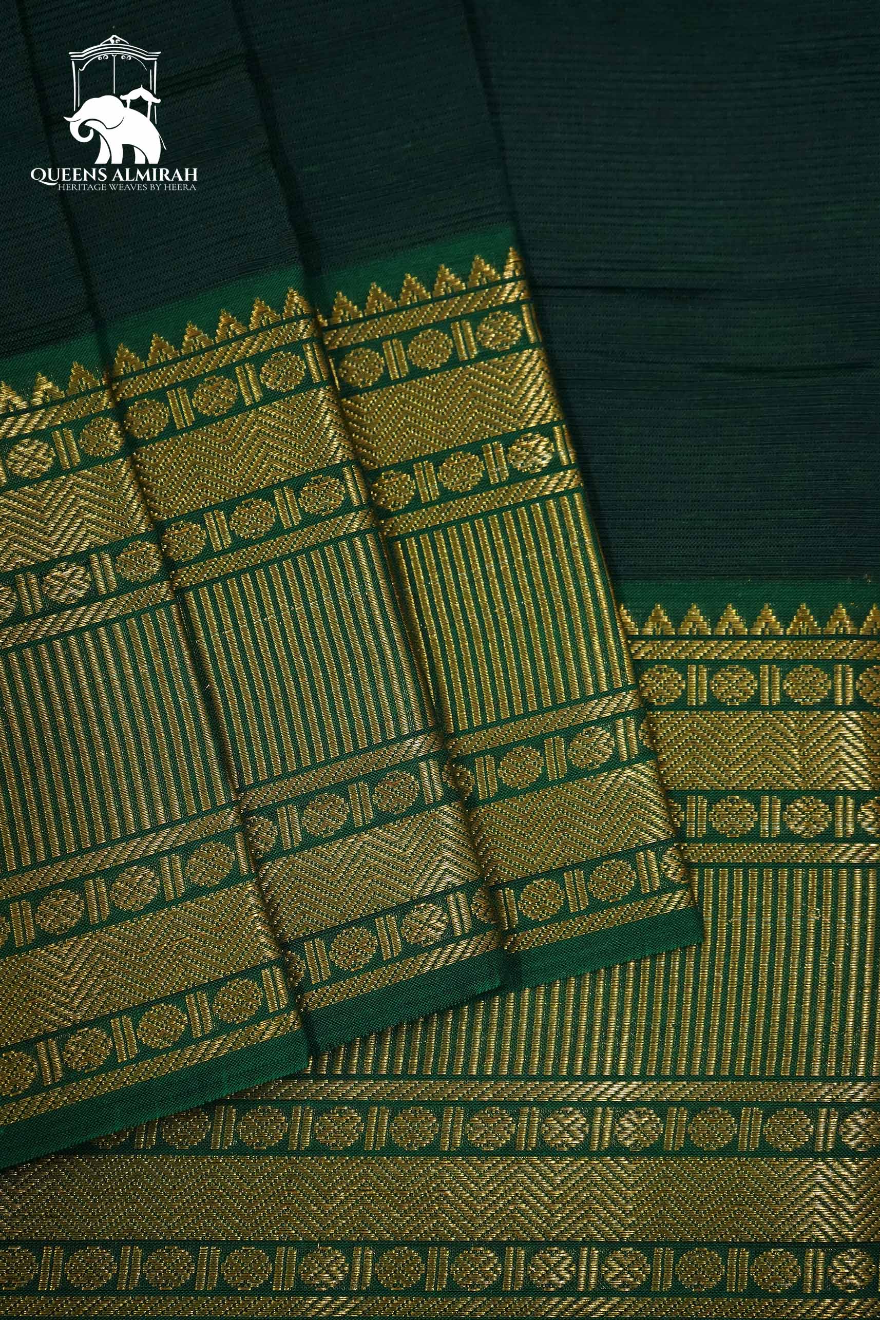 PINE GREEN WITH WOVEN BORDER MANGALGIRI SAREE - Queens Jewel Emporium
