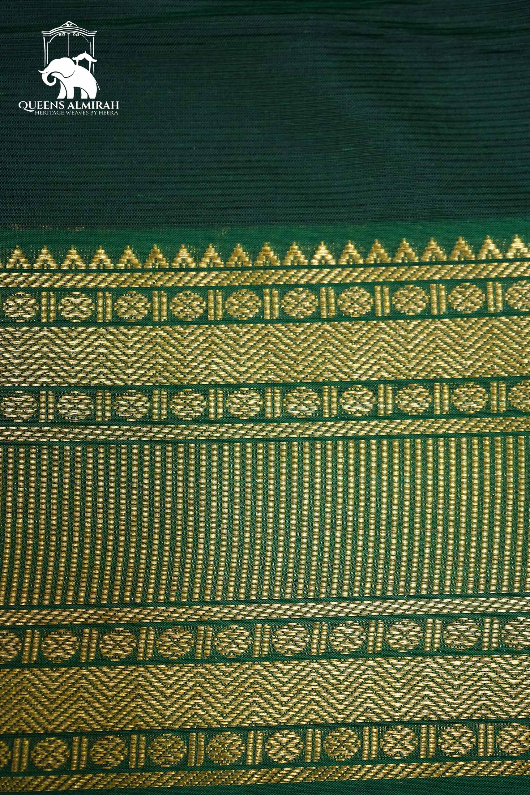 PINE GREEN WITH WOVEN BORDER MANGALGIRI SAREE - Queens Jewel Emporium