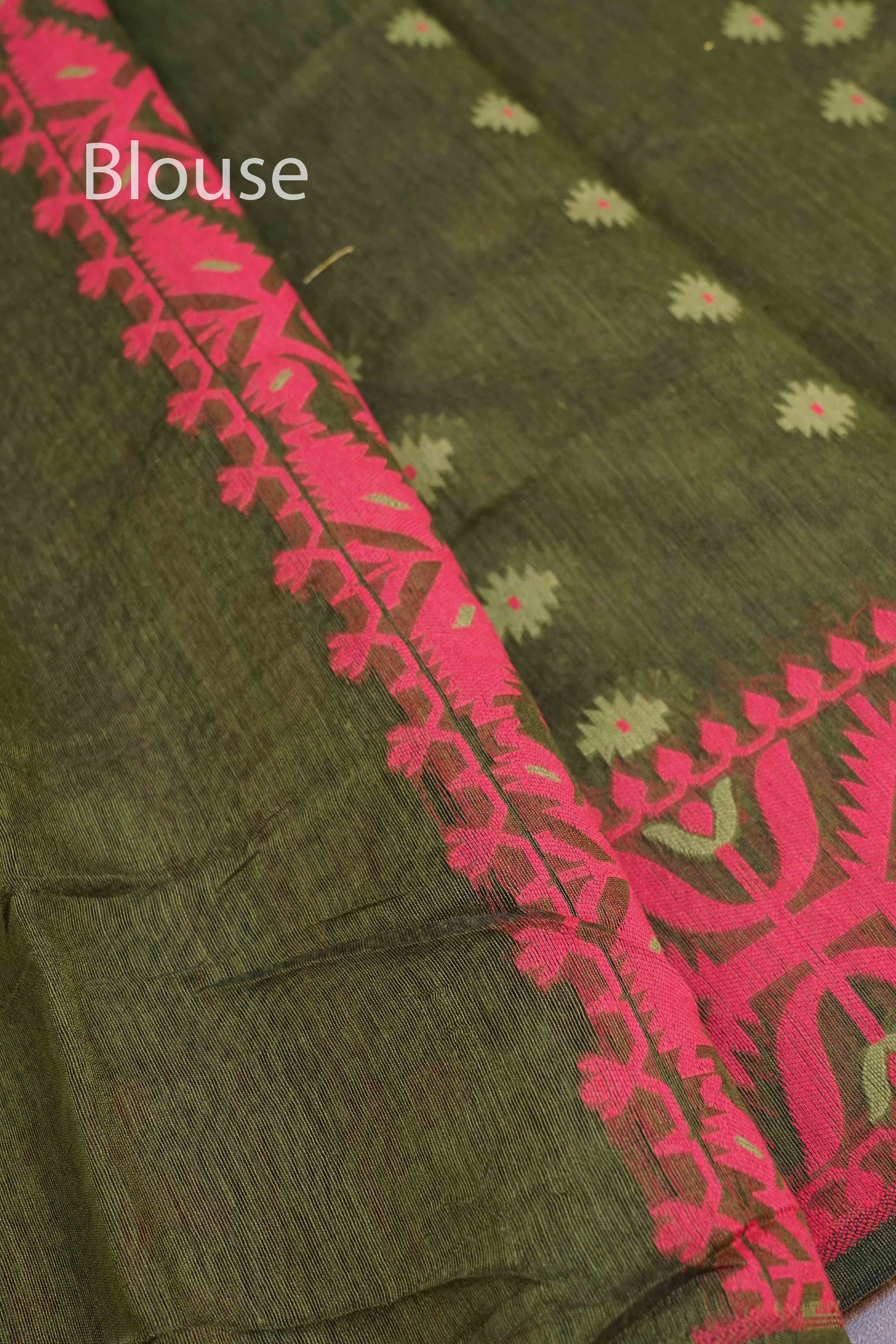 PINK WITH RIFLE GREEN JAMDANI COTTON SAREE  2 - Queens Jewel Emporium