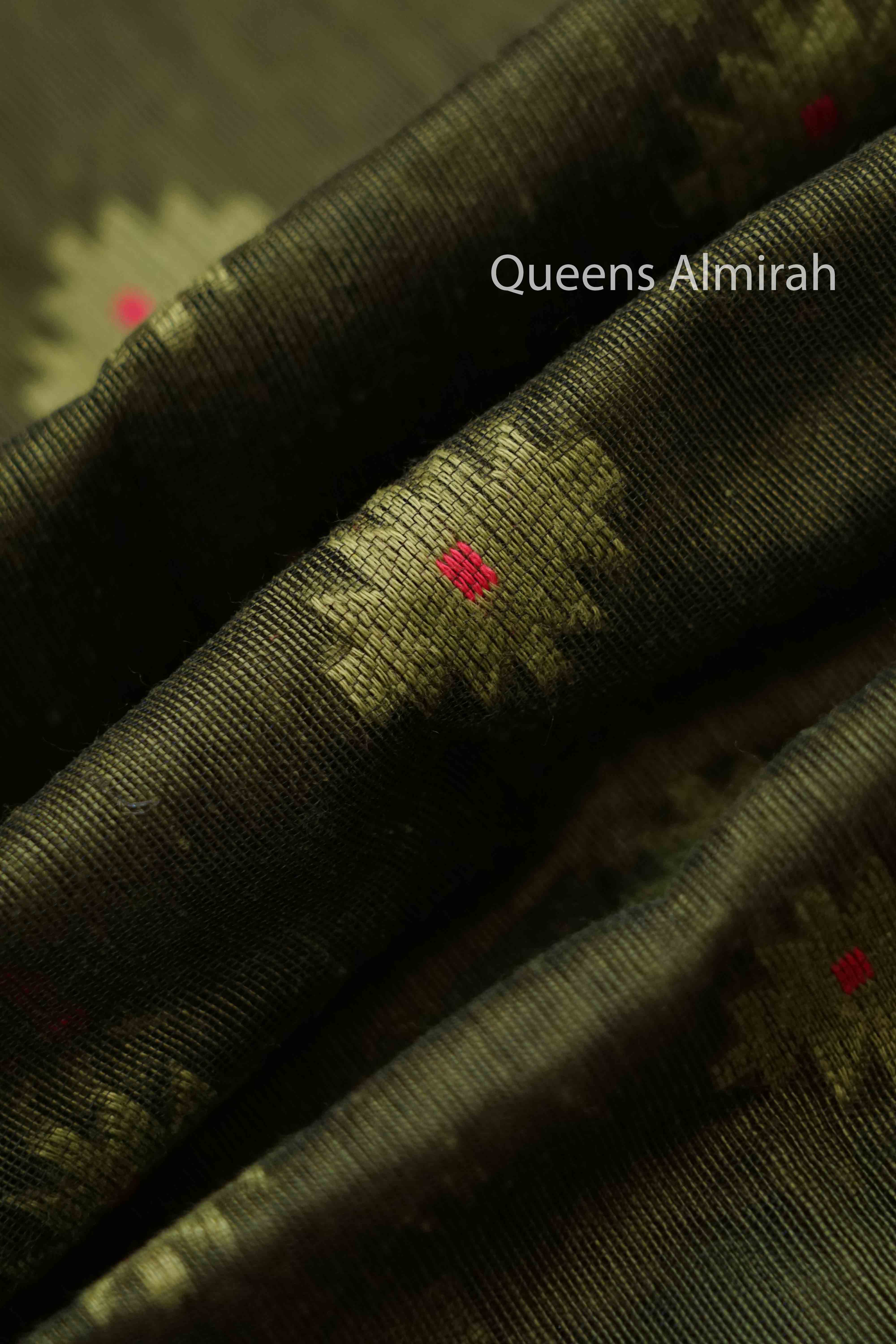 PINK WITH RIFLE GREEN JAMDANI COTTON SAREE  2 - Queens Jewel Emporium