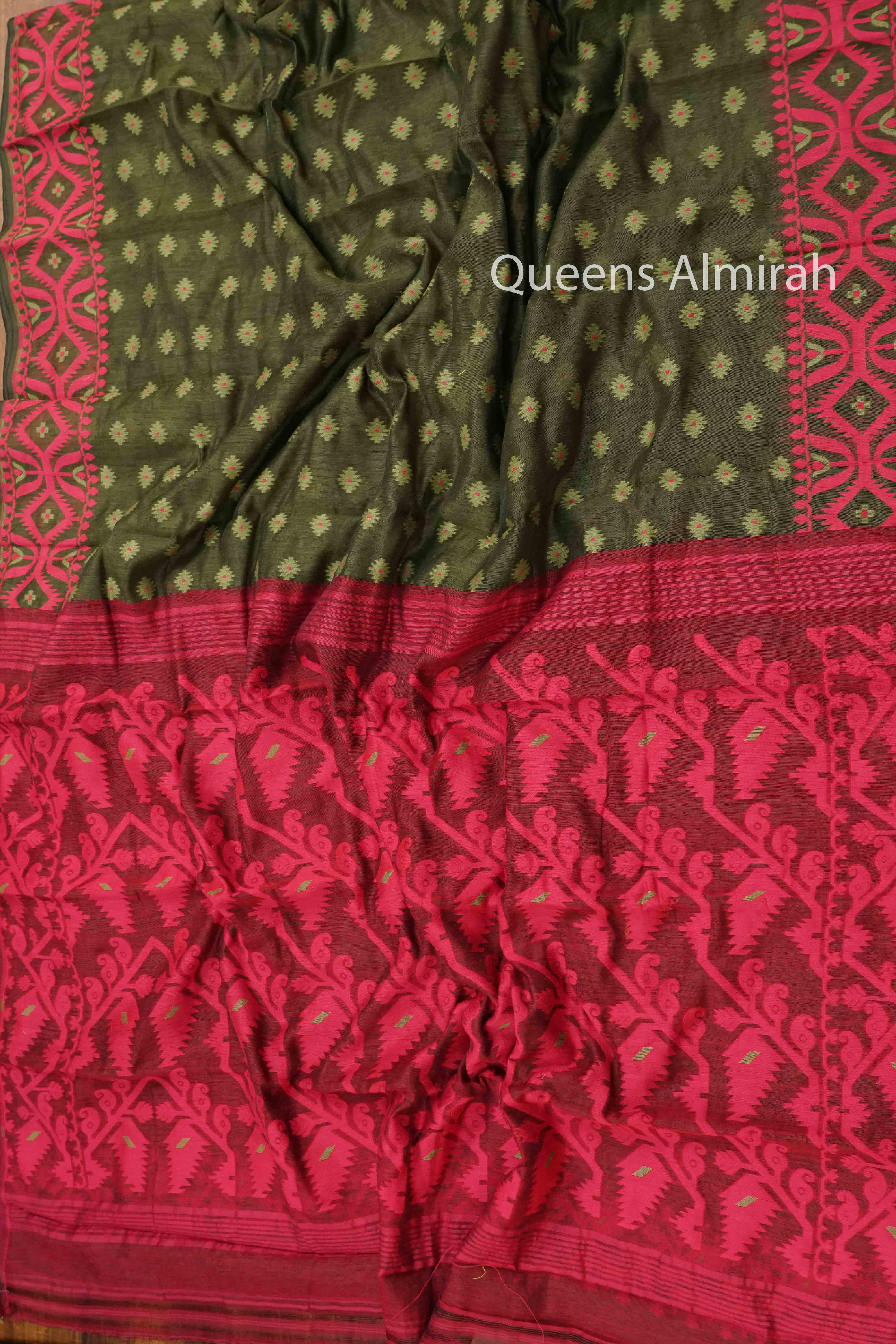 PINK WITH RIFLE GREEN JAMDANI COTTON SAREE  2 - Queens Jewel Emporium