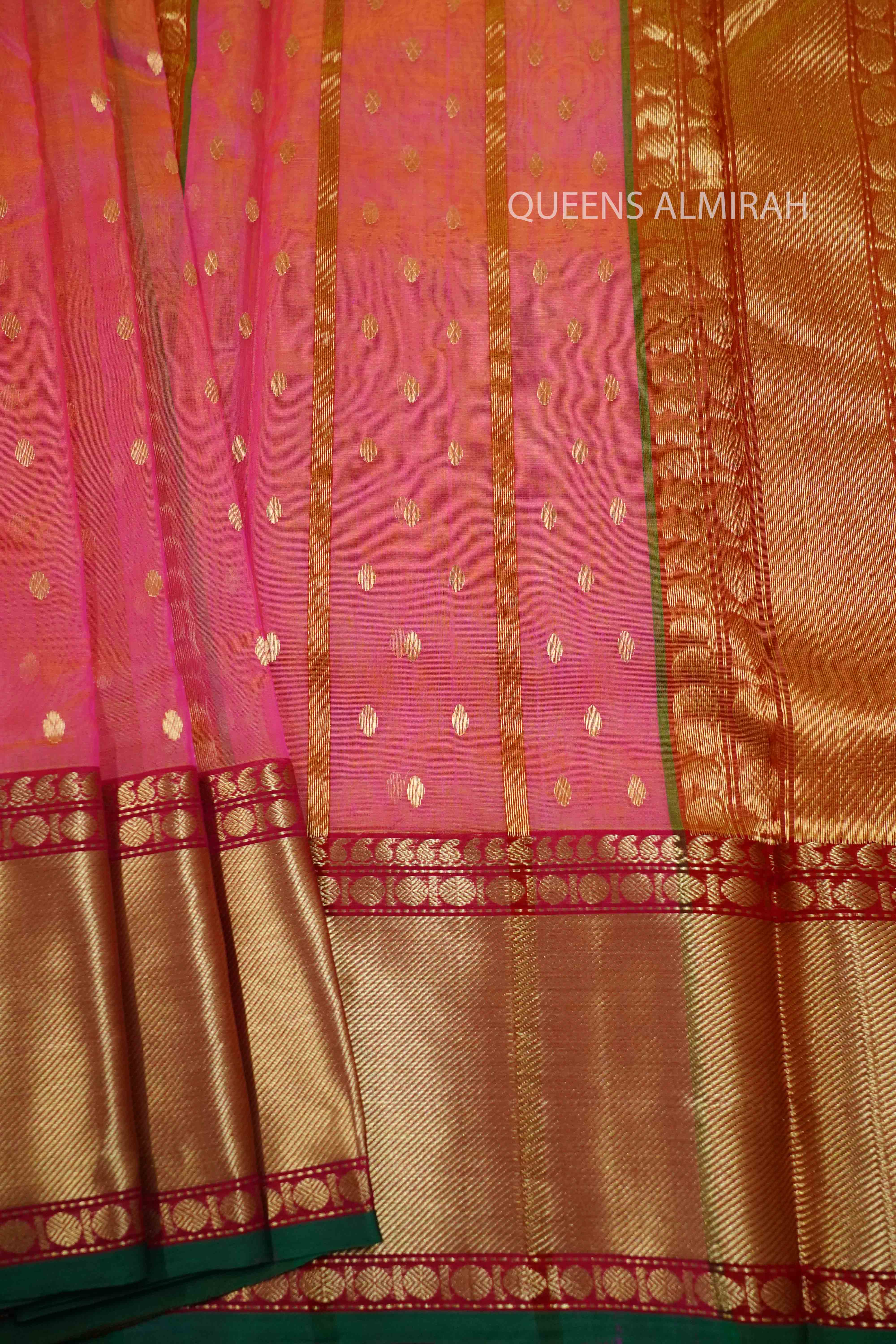 PINKISH RED-TRADITIONAL CHANDERI KATAN SILK HANDLOOM SAREE WITH NAKSHI ZARI & BORDER &BUTI - Queens Jewel Emporium