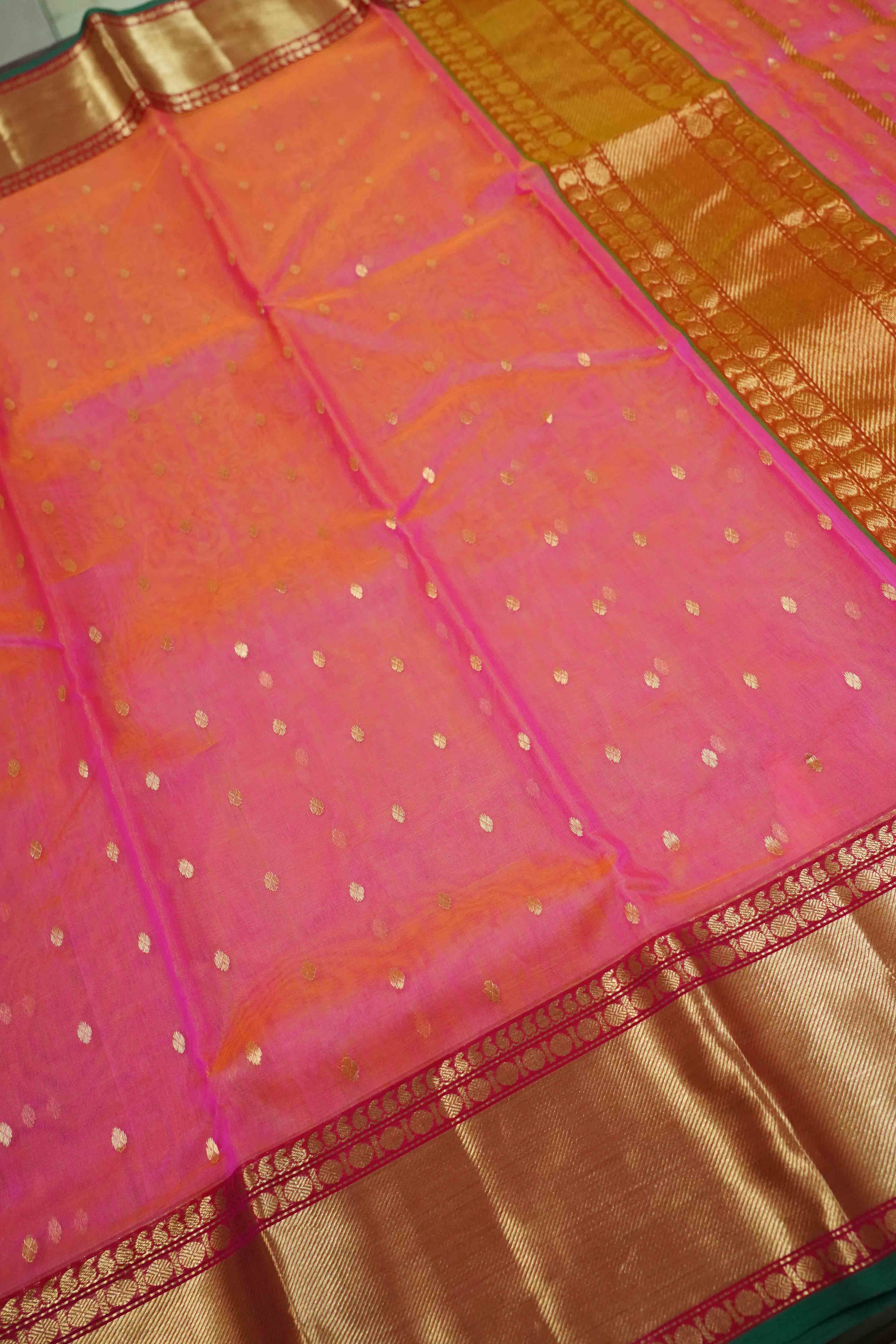 PINKISH RED-TRADITIONAL CHANDERI KATAN SILK HANDLOOM SAREE WITH NAKSHI ZARI & BORDER &BUTI - Queens Jewel Emporium