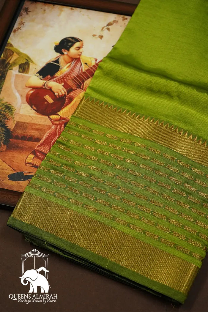 PLAE OLIVE GREEN WITH GOLDEN BORDER MANGALGIRI SAREE - Queens Jewel Emporium