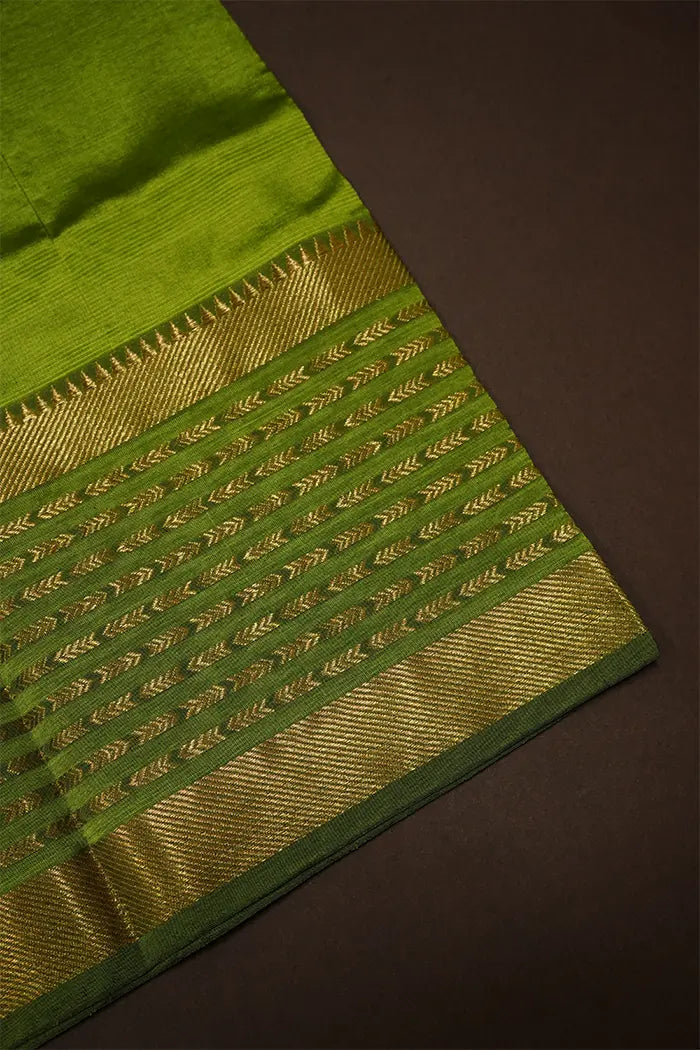 PLAE OLIVE GREEN WITH GOLDEN BORDER MANGALGIRI SAREE - Queens Jewel Emporium