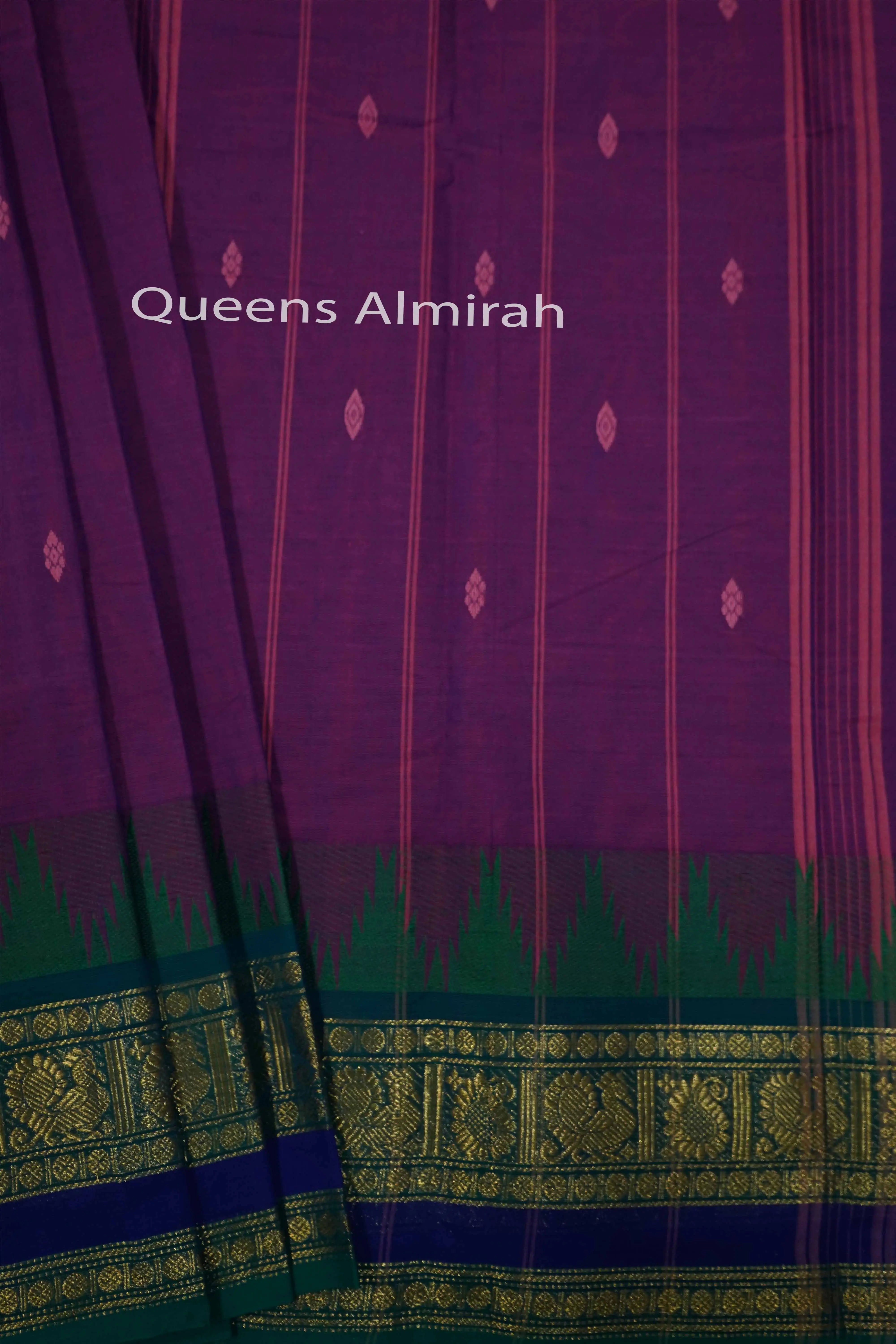 PLUM PURPLE WITH DARK TEAL KANCHI COTTON SAREE - Queens Jewel Emporium