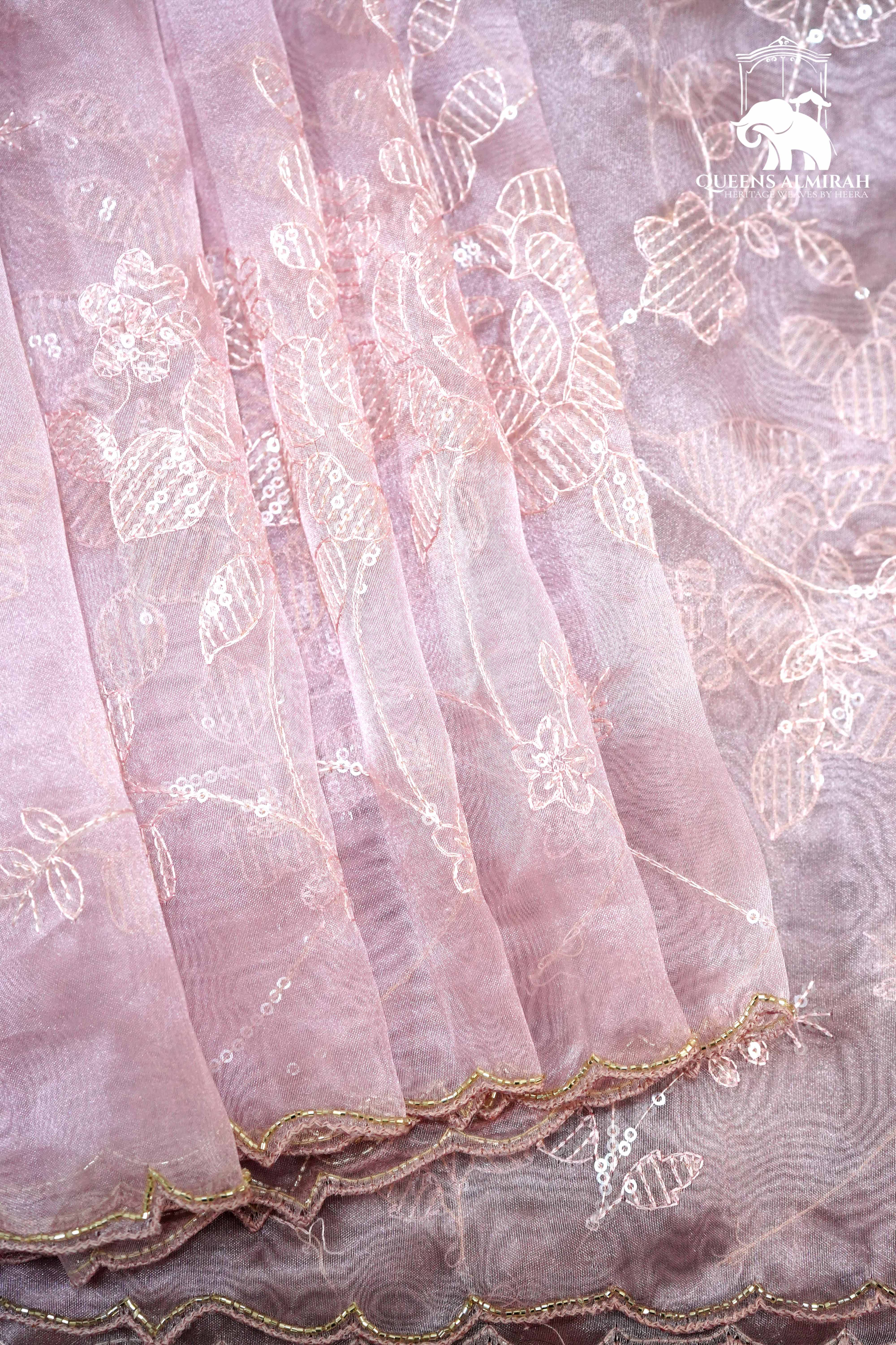 PUCE PINK WITH SCALLOP BORDER ORGANZA SAREE - Queens Jewel Emporium