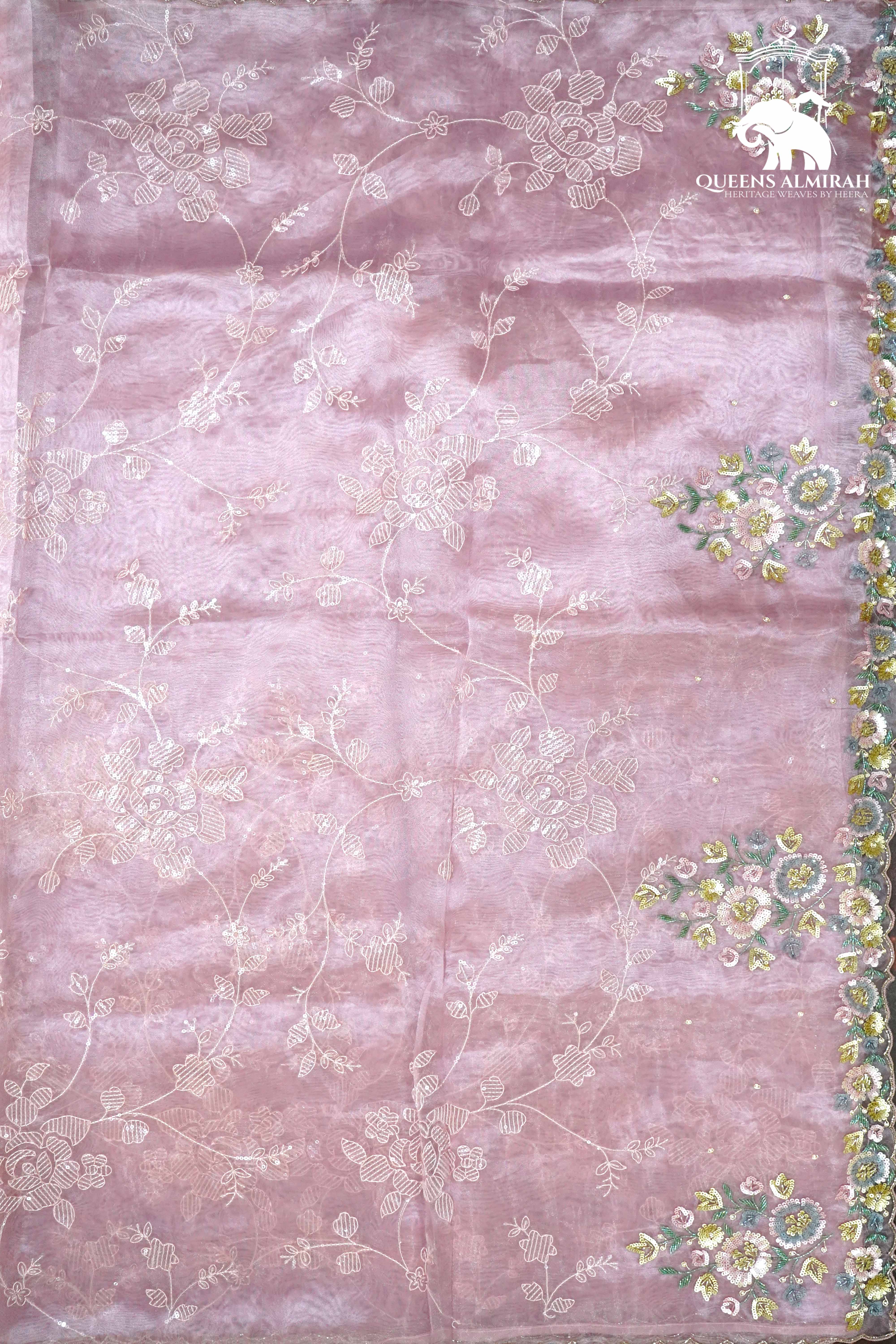 PUCE PINK WITH SCALLOP BORDER ORGANZA SAREE - Queens Jewel Emporium
