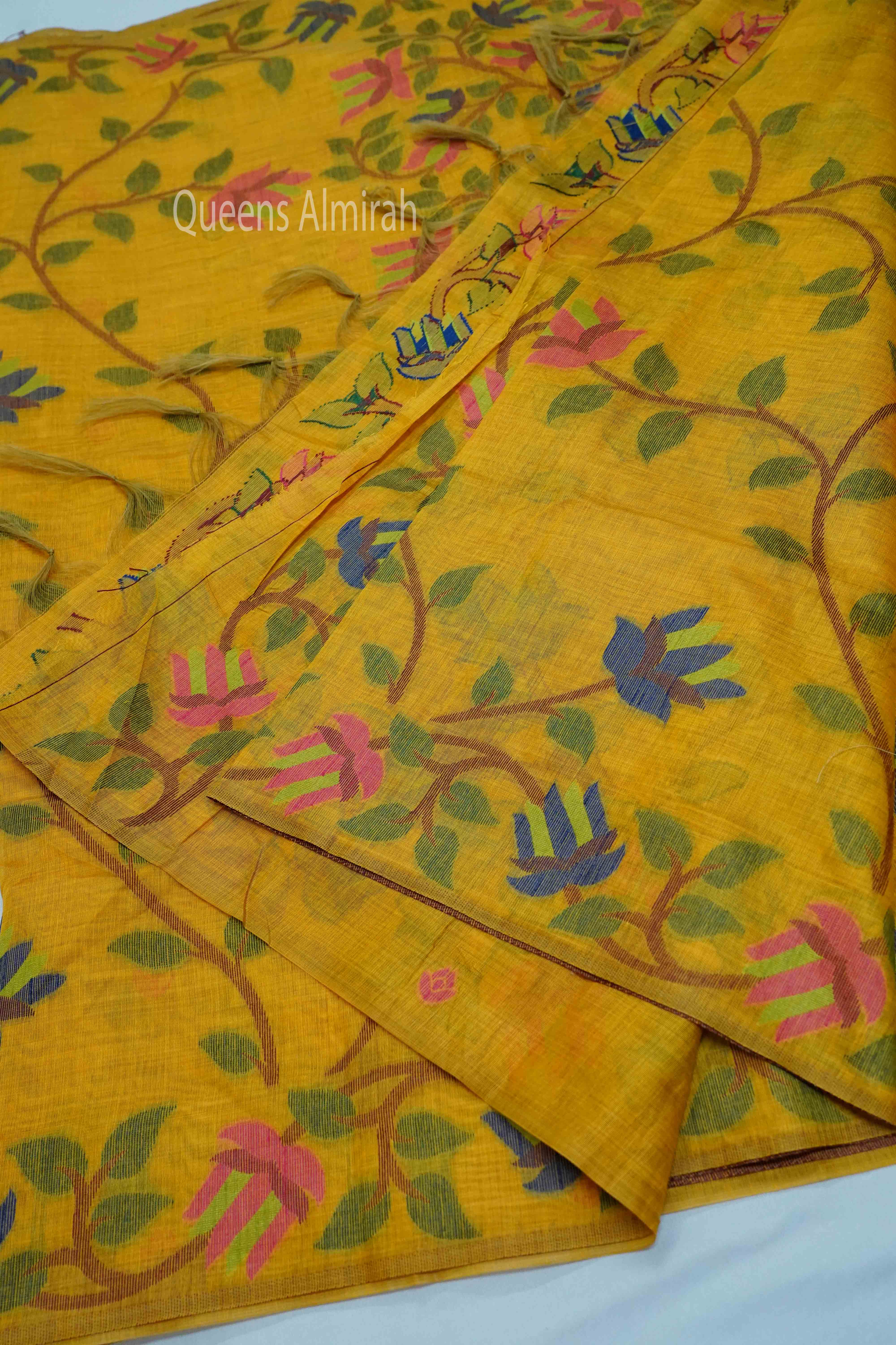 PUMPKIN YELLOW JAMDANI TUSSAR SILK SAREE - Queens Jewel Emporium