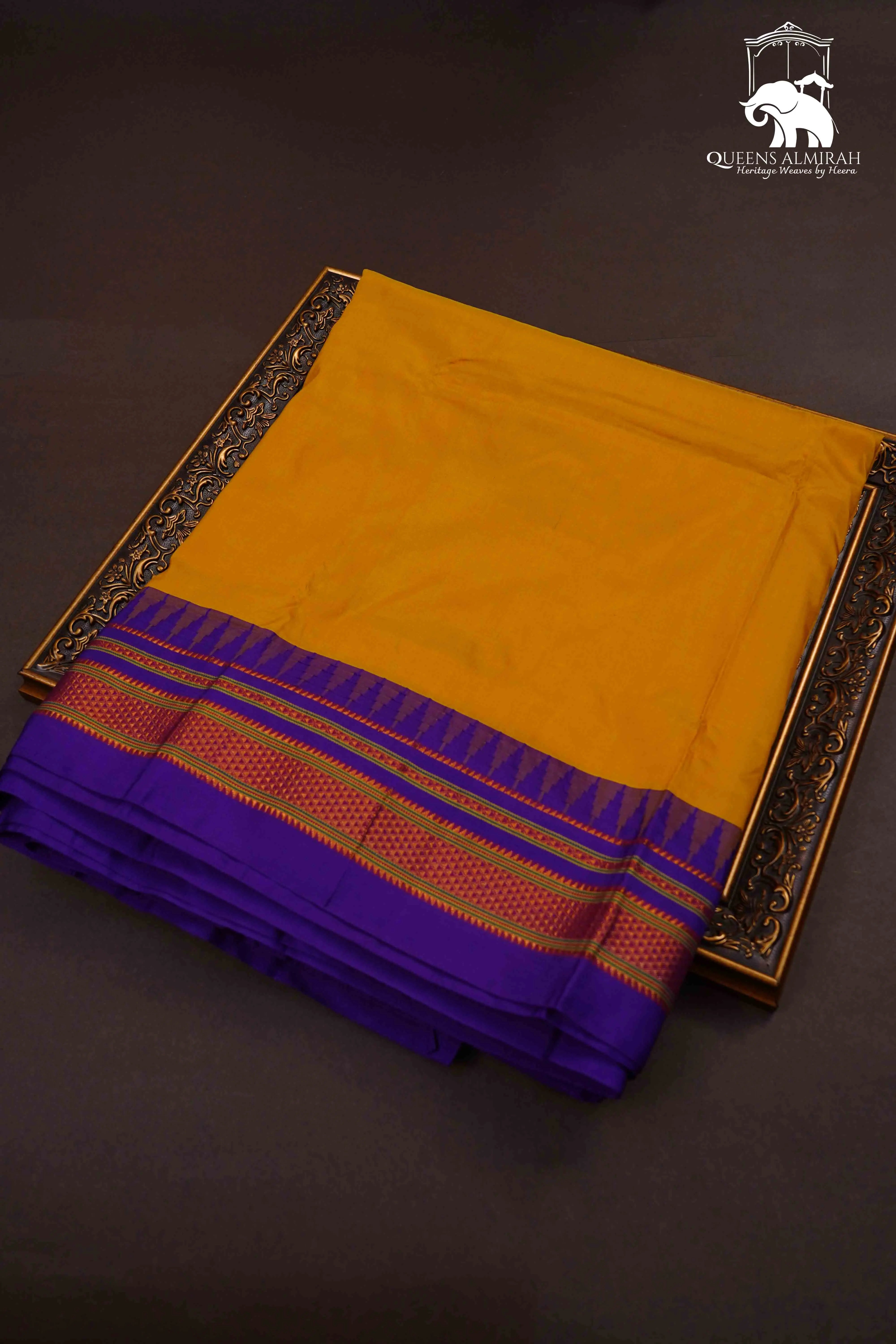 PUMPKIN YELLOW WITH PURPLE IRIS ILKAL SEMI SILK SAREE - Queens Jewel Emporium