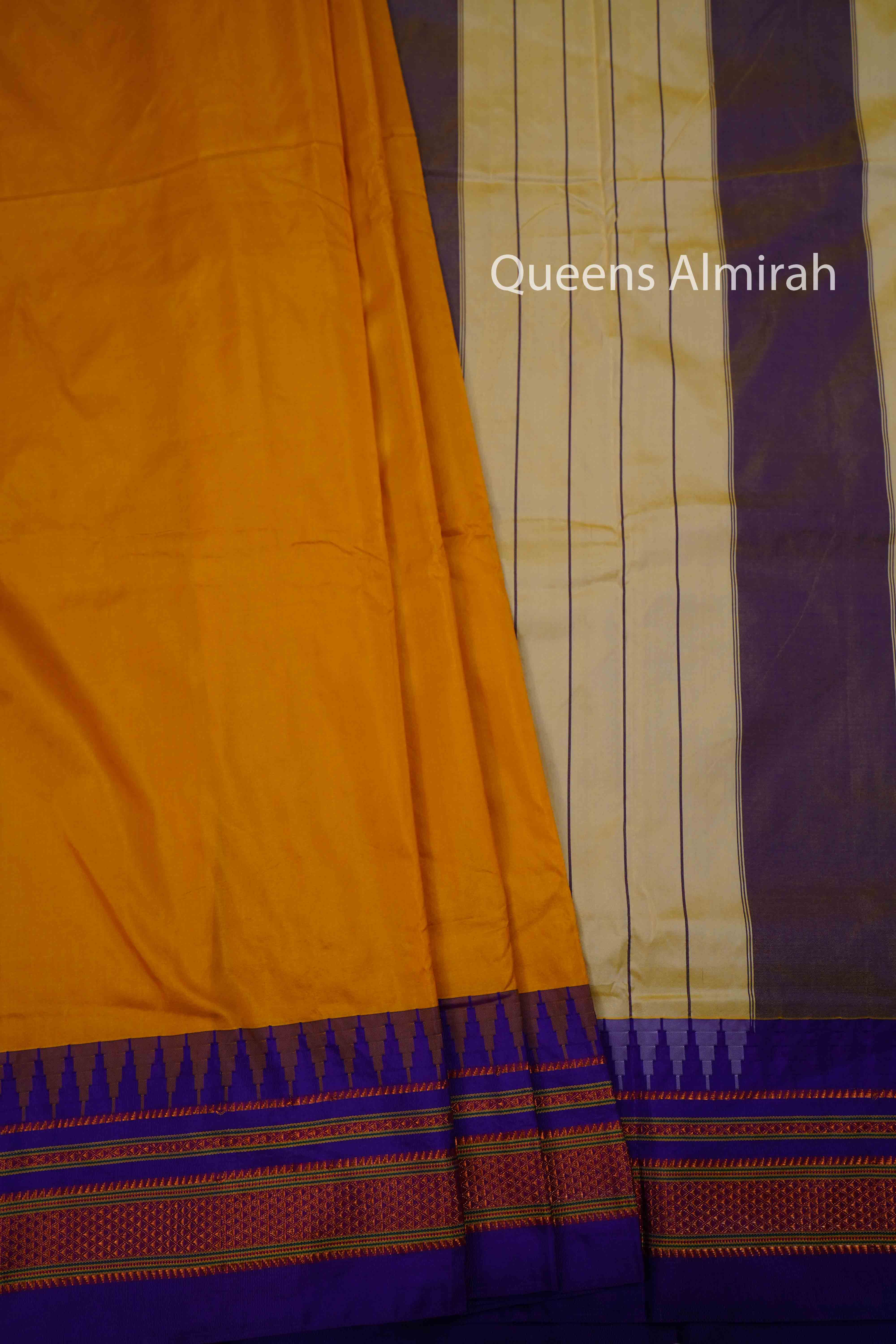 PUMPKIN YELLOW WITH PURPLE IRIS ILKAL SEMI SILK SAREE - Queens Jewel Emporium