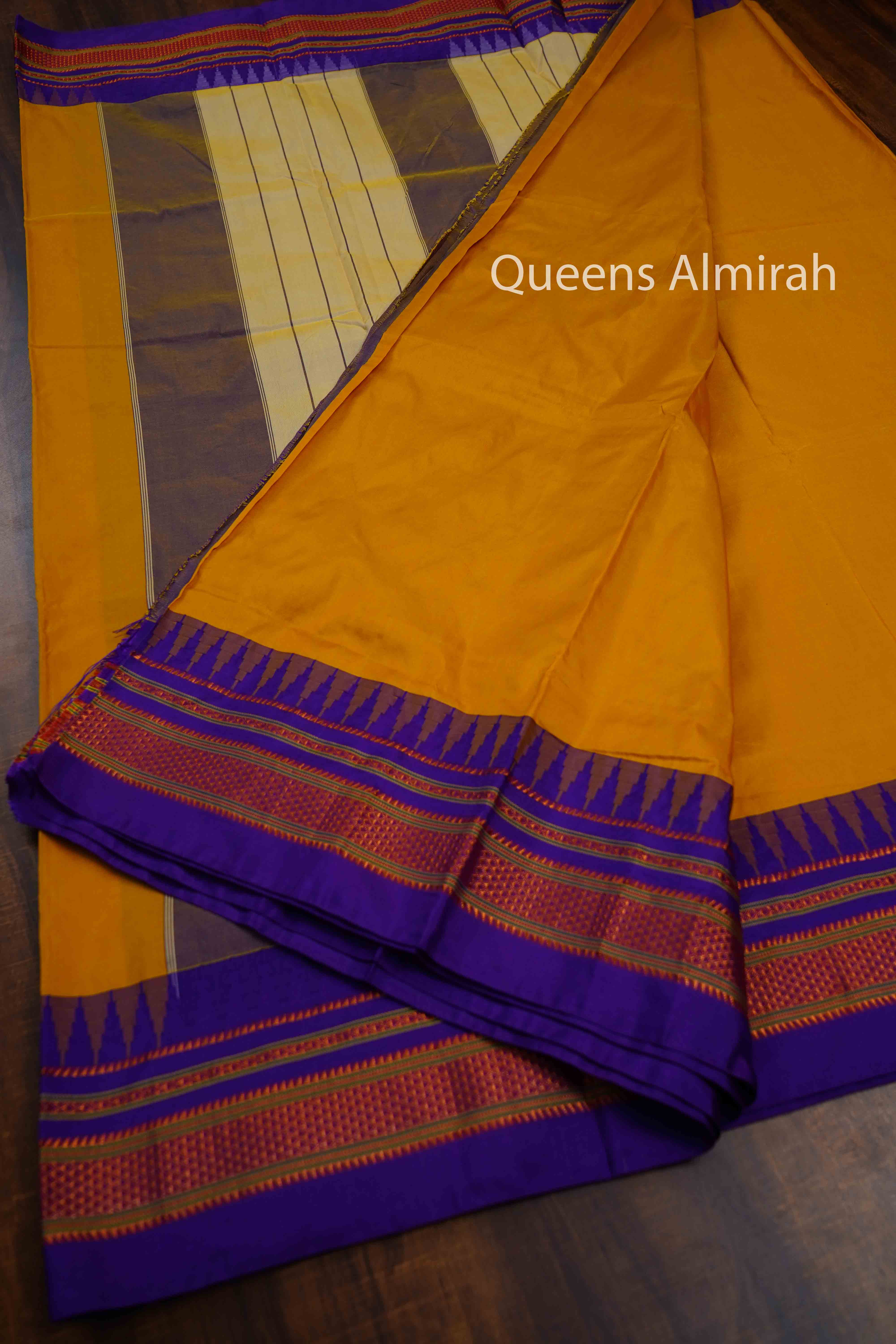 PUMPKIN YELLOW WITH PURPLE IRIS ILKAL SEMI SILK SAREE - Queens Jewel Emporium