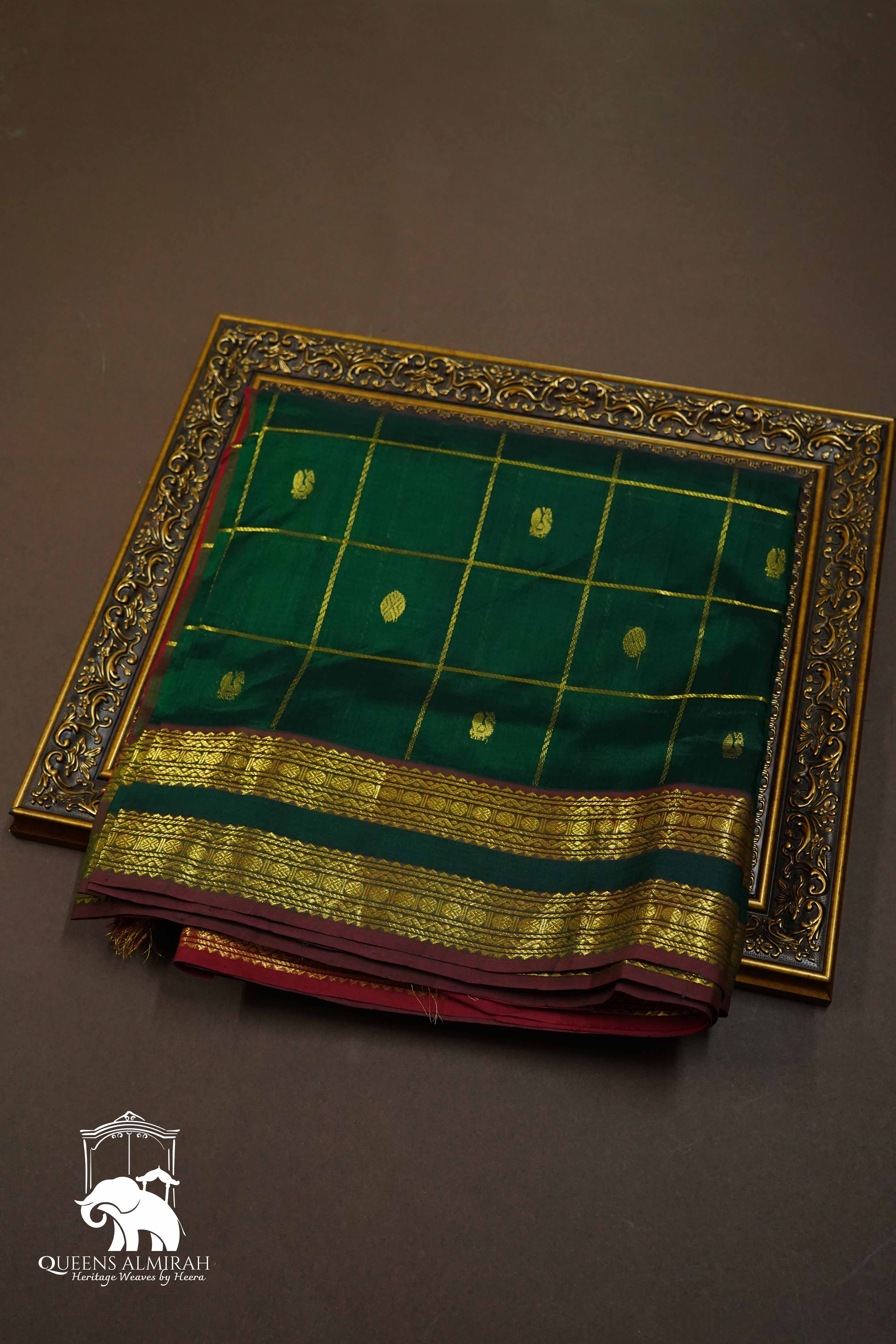 PURE KANCHI SILK COTTO- DARK SPRING GREEN WITH BURGUNDY - Queens Jewel Emporium