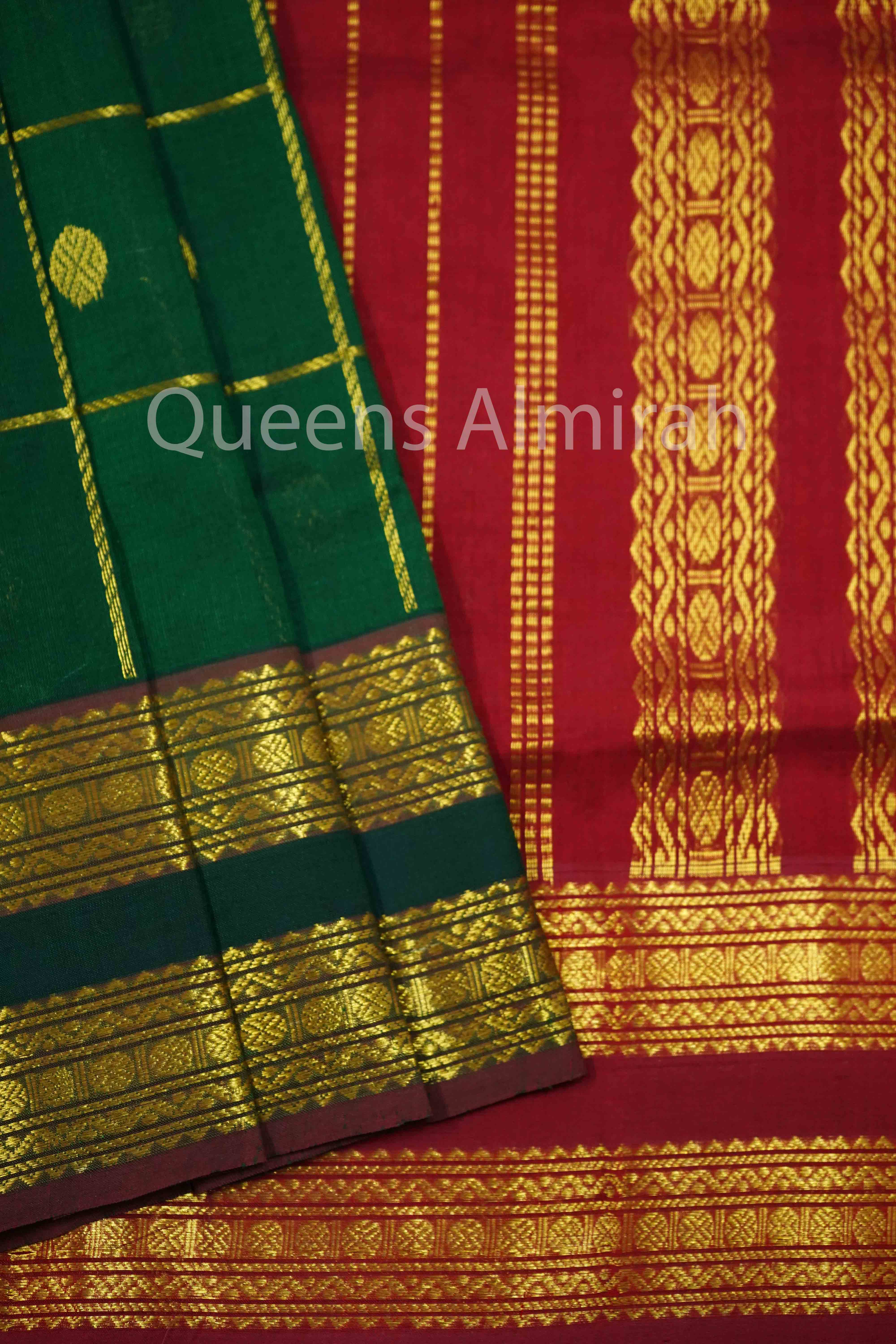 PURE KANCHI SILK COTTO- DARK SPRING GREEN WITH BURGUNDY - Queens Jewel Emporium