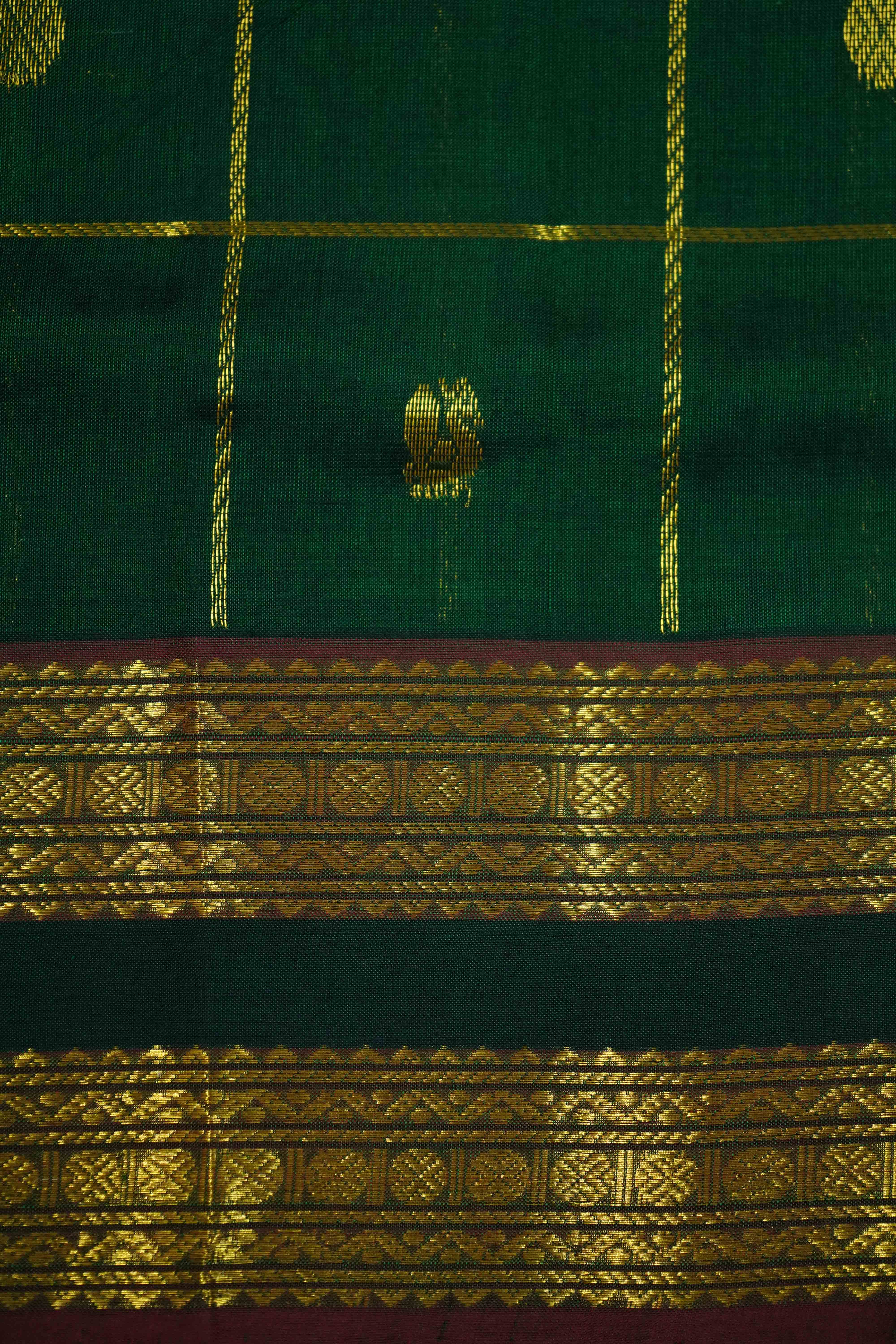 PURE KANCHI SILK COTTO- DARK SPRING GREEN WITH BURGUNDY - Queens Jewel Emporium