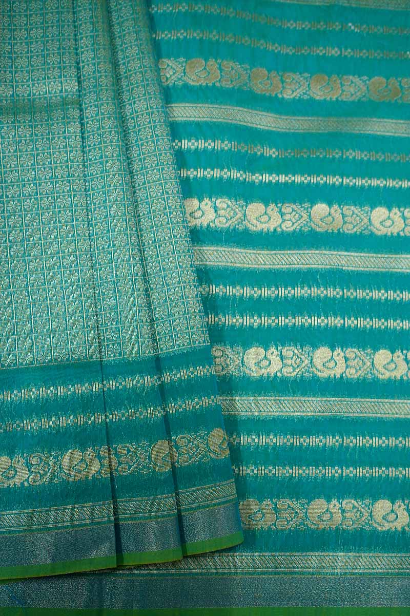 PURE KANCHI SILK COTTON -  ALGAE GREEN WITH WOVEN BORDER SILK COTTON SAREE - Queens Jewel Emporium