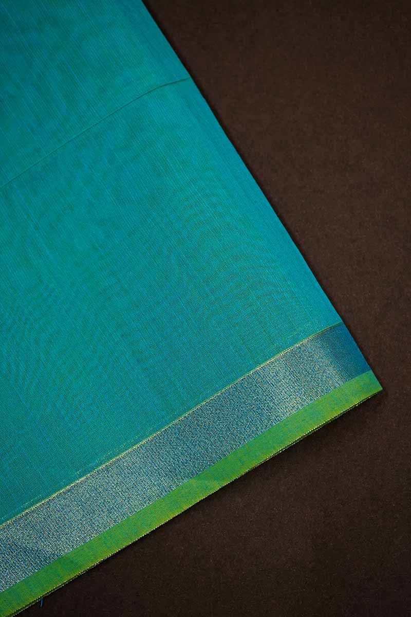 PURE KANCHI SILK COTTON -  ALGAE GREEN WITH WOVEN BORDER SILK COTTON SAREE - Queens Jewel Emporium