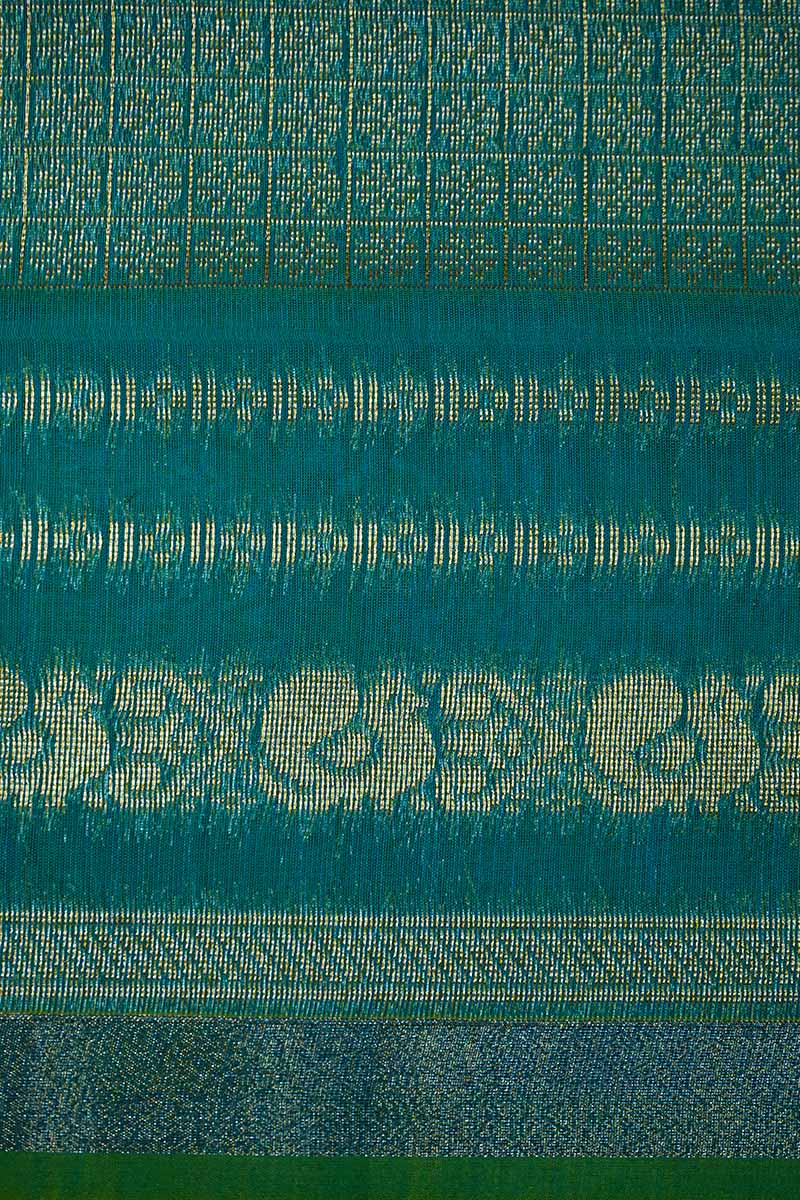 PURE KANCHI SILK COTTON -  ALGAE GREEN WITH WOVEN BORDER SILK COTTON SAREE - Queens Jewel Emporium