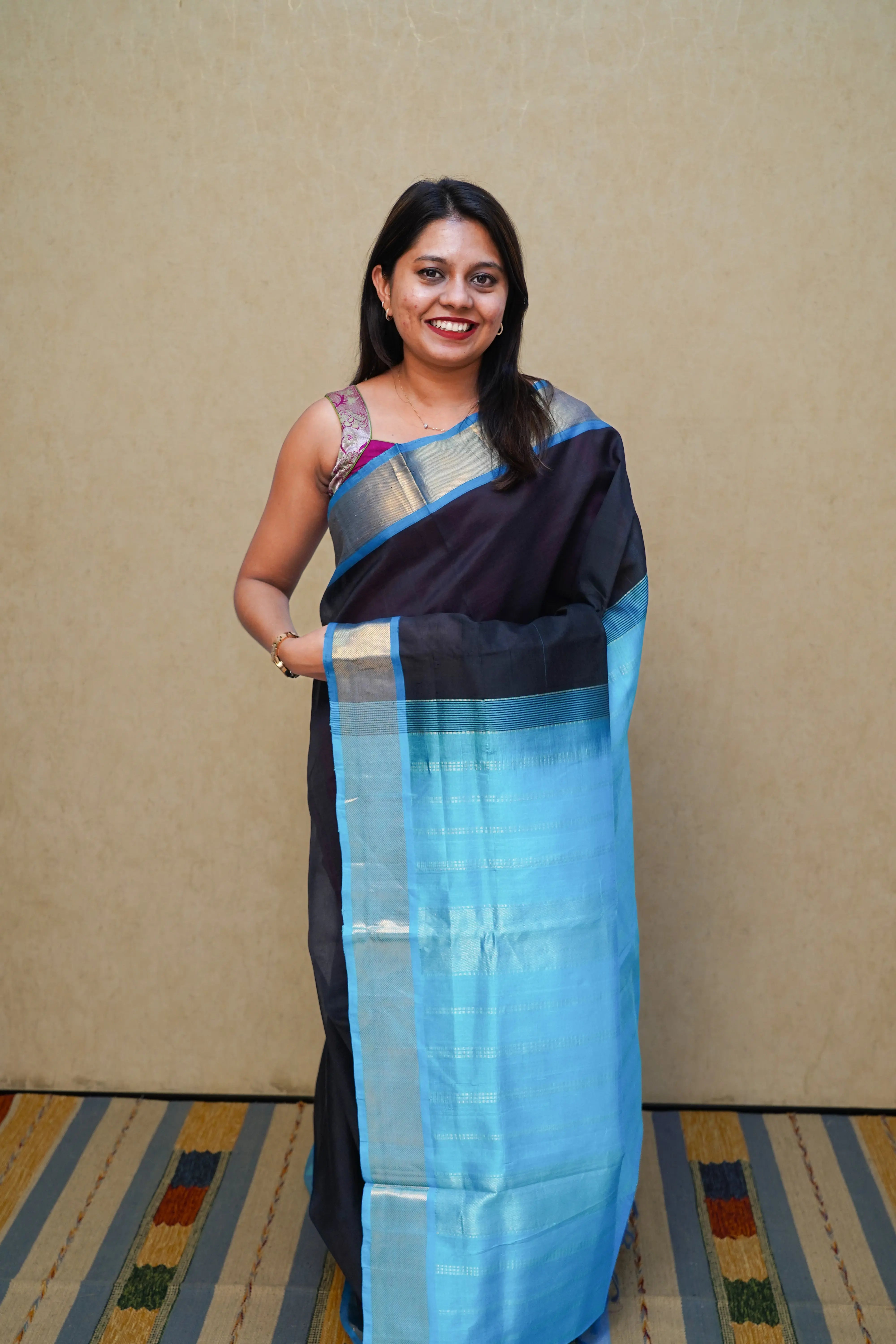 PURE KANCHI SILK COTTON - BLACK WITH OCEAN BLUE - Queens Jewel Emporium