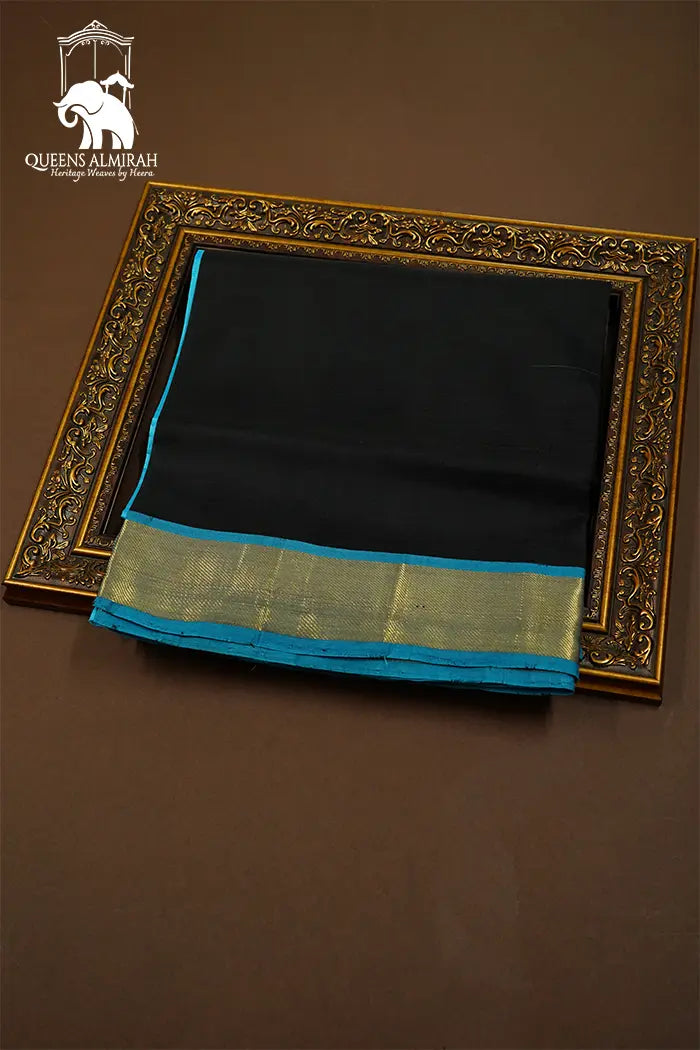 PURE KANCHI SILK COTTON - BLACK WITH OCEAN BLUE - Queens Jewel Emporium