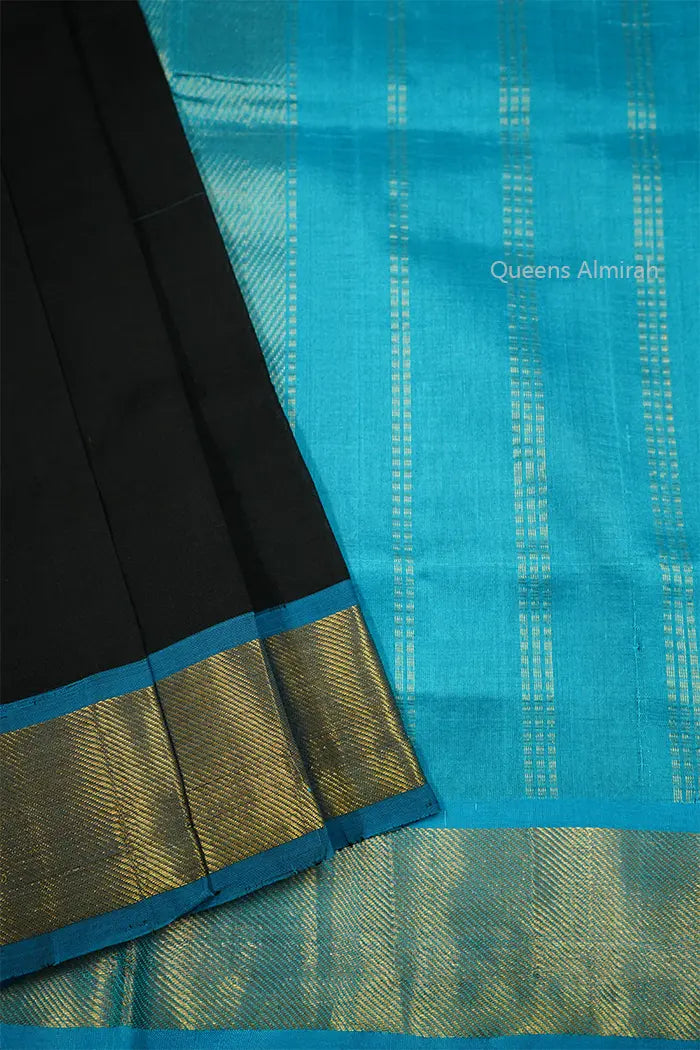 PURE KANCHI SILK COTTON - BLACK WITH OCEAN BLUE - Queens Jewel Emporium