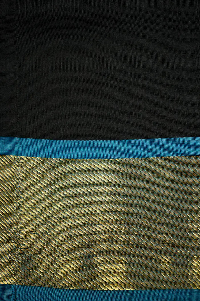PURE KANCHI SILK COTTON - BLACK WITH OCEAN BLUE - Queens Jewel Emporium