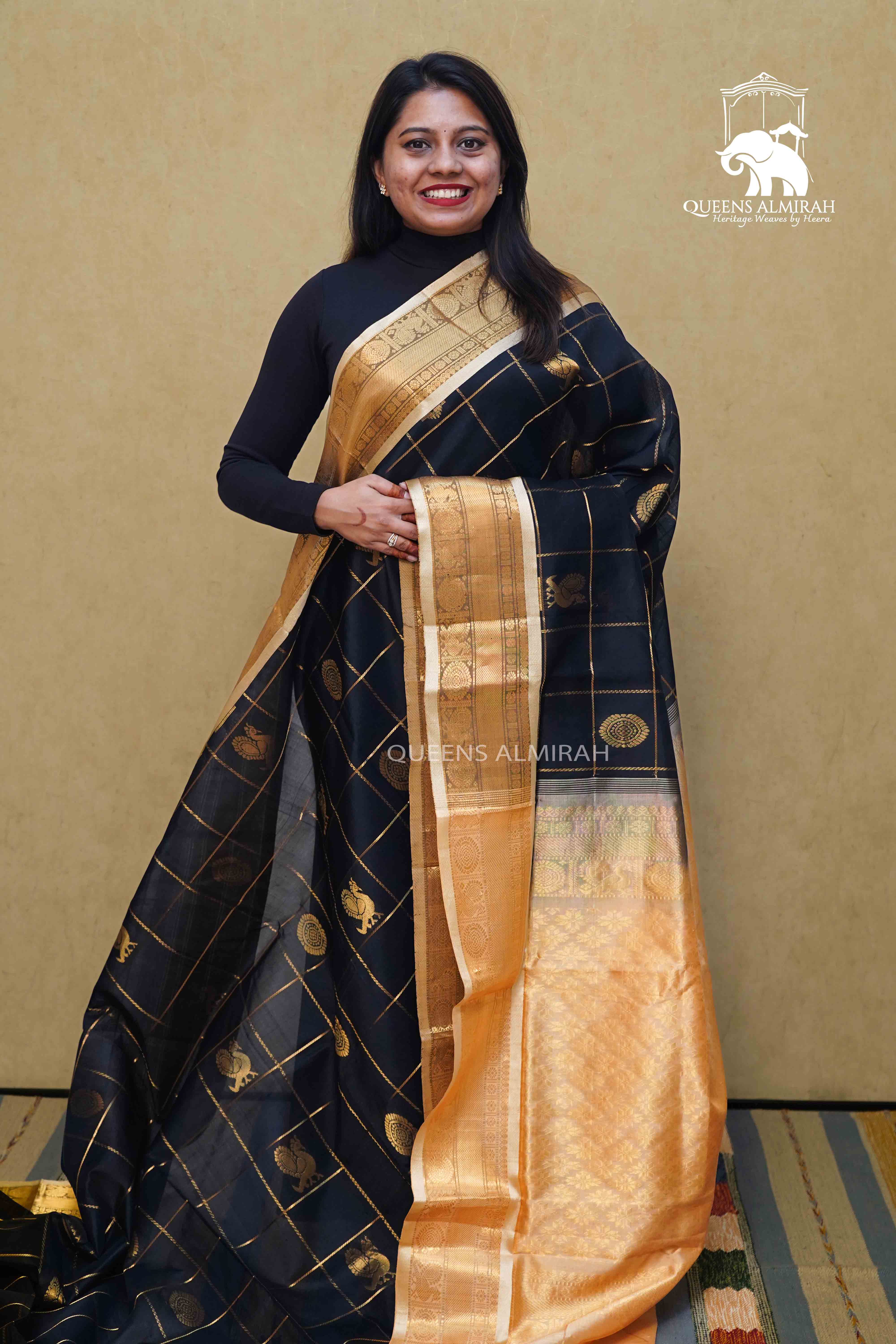PURE KANCHI SILK COTTON - BLACK WITH SANDAL - Queens Jewel Emporium