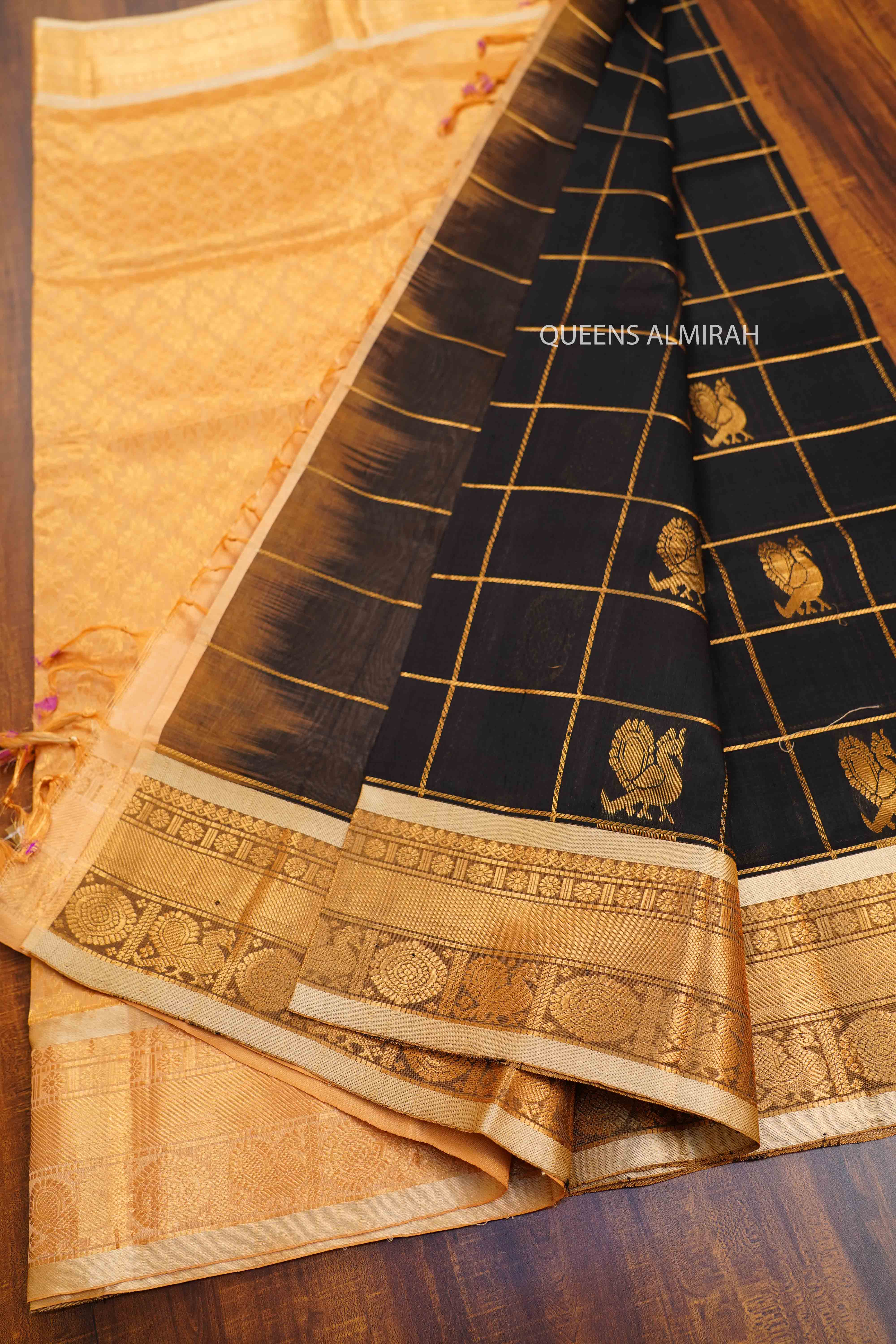 PURE KANCHI SILK COTTON - BLACK WITH SANDAL - Queens Jewel Emporium