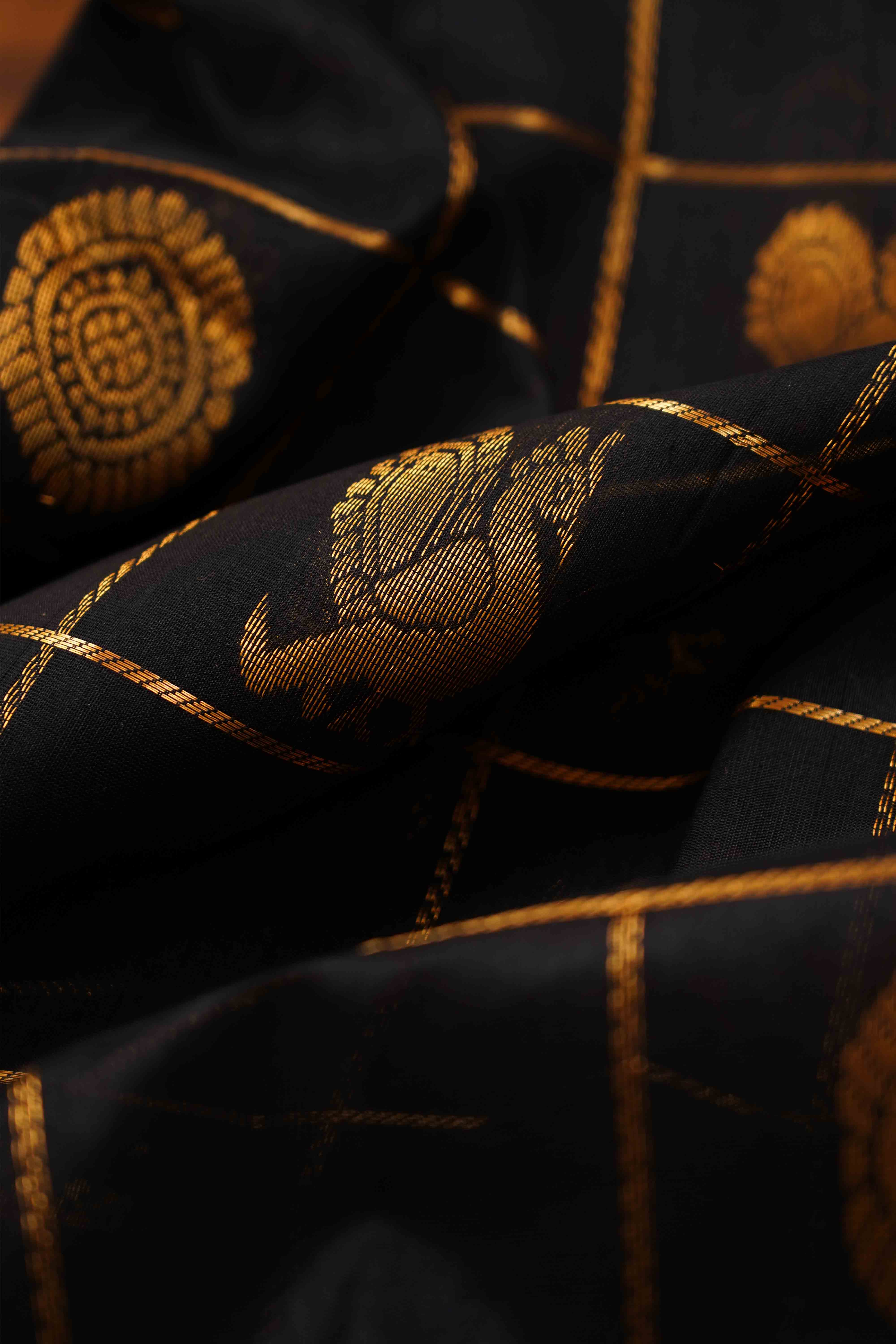 PURE KANCHI SILK COTTON - BLACK WITH SANDAL - Queens Jewel Emporium
