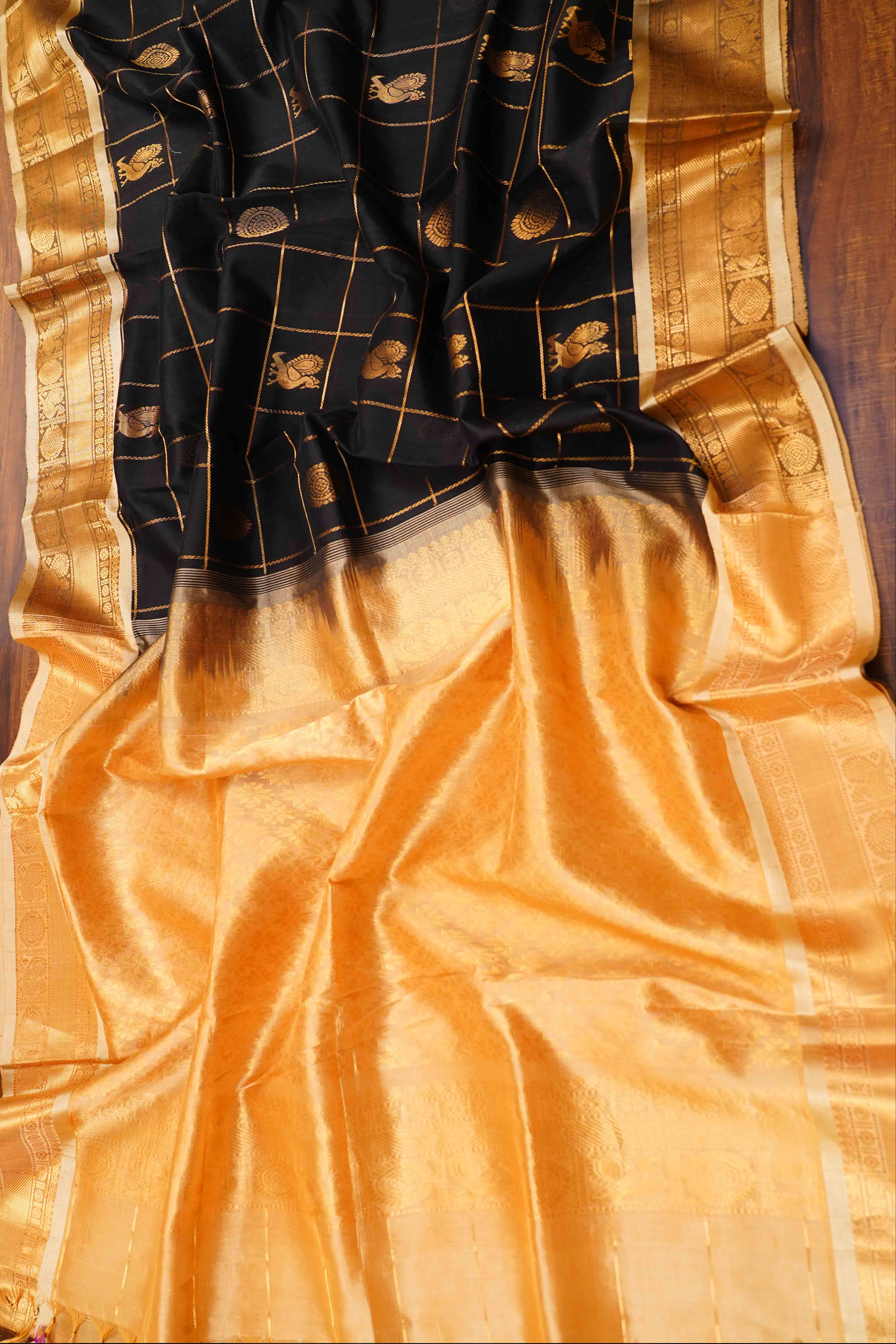 PURE KANCHI SILK COTTON - BLACK WITH SANDAL - Queens Jewel Emporium