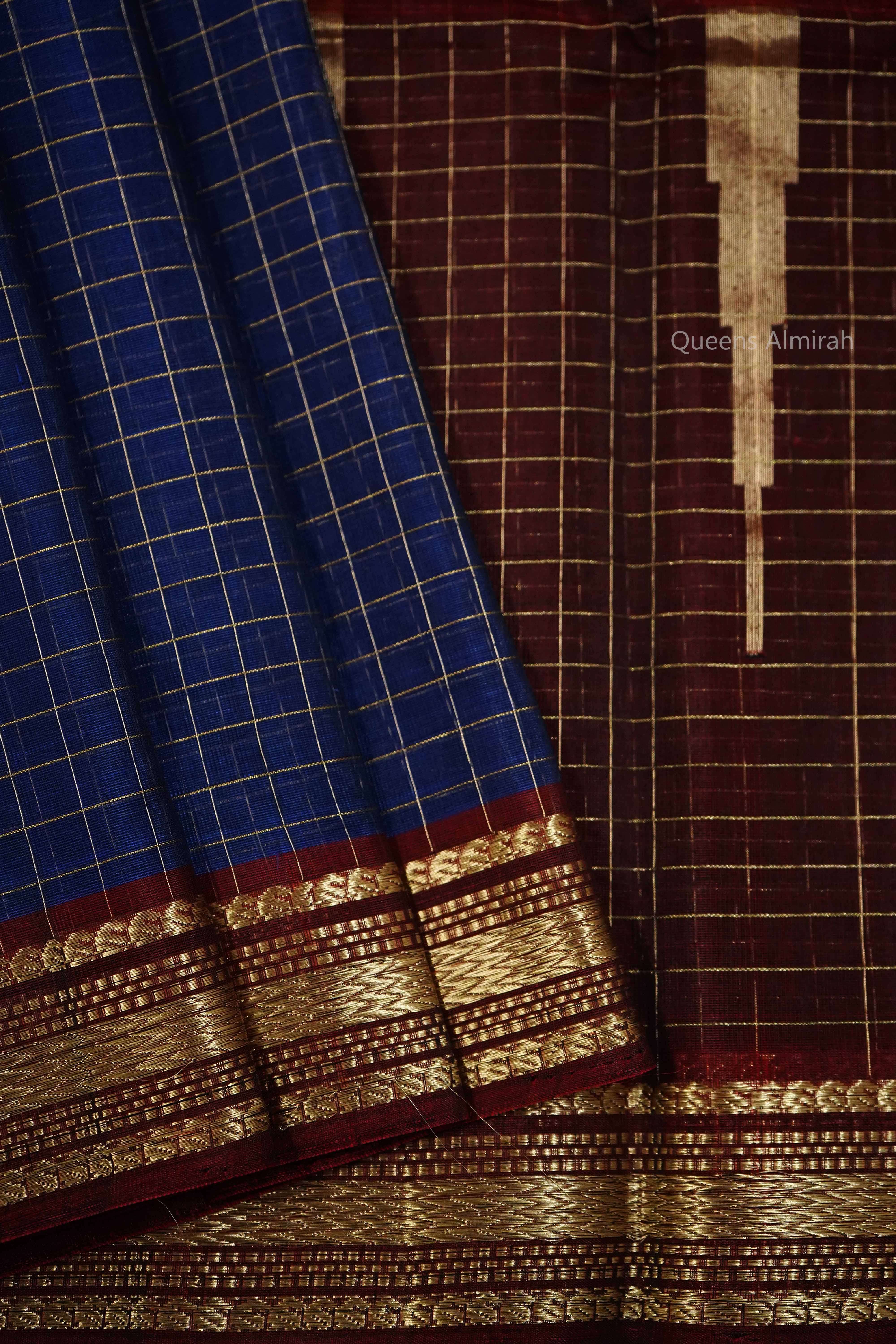 PURE KANCHI SILK COTTON - BLUE BERRY WITH PLUM - Queens Jewel Emporium