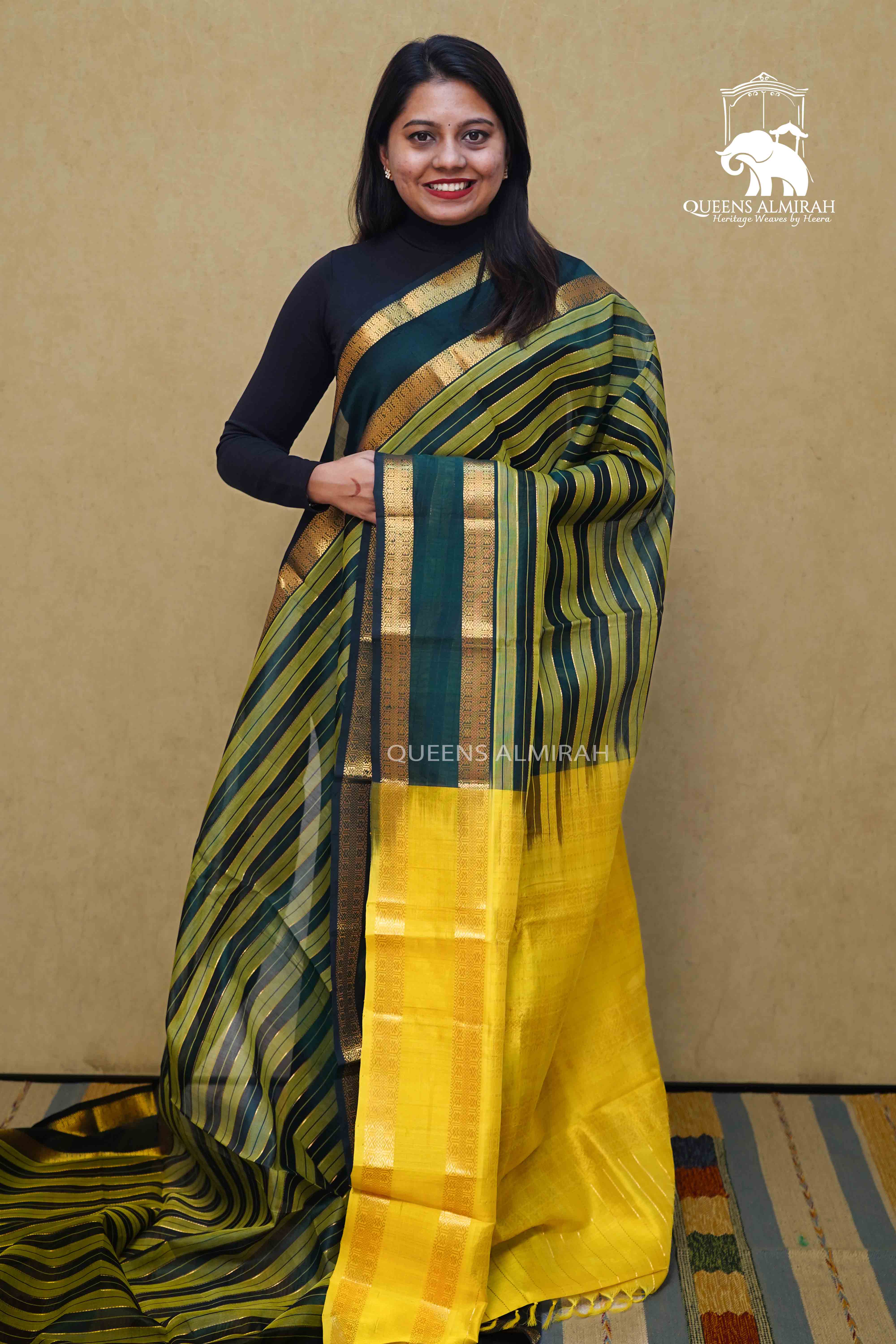 PURE KANCHI SILK COTTON -BOTTLE GREEN WITH OLIVE YELLOW - Queens Jewel Emporium
