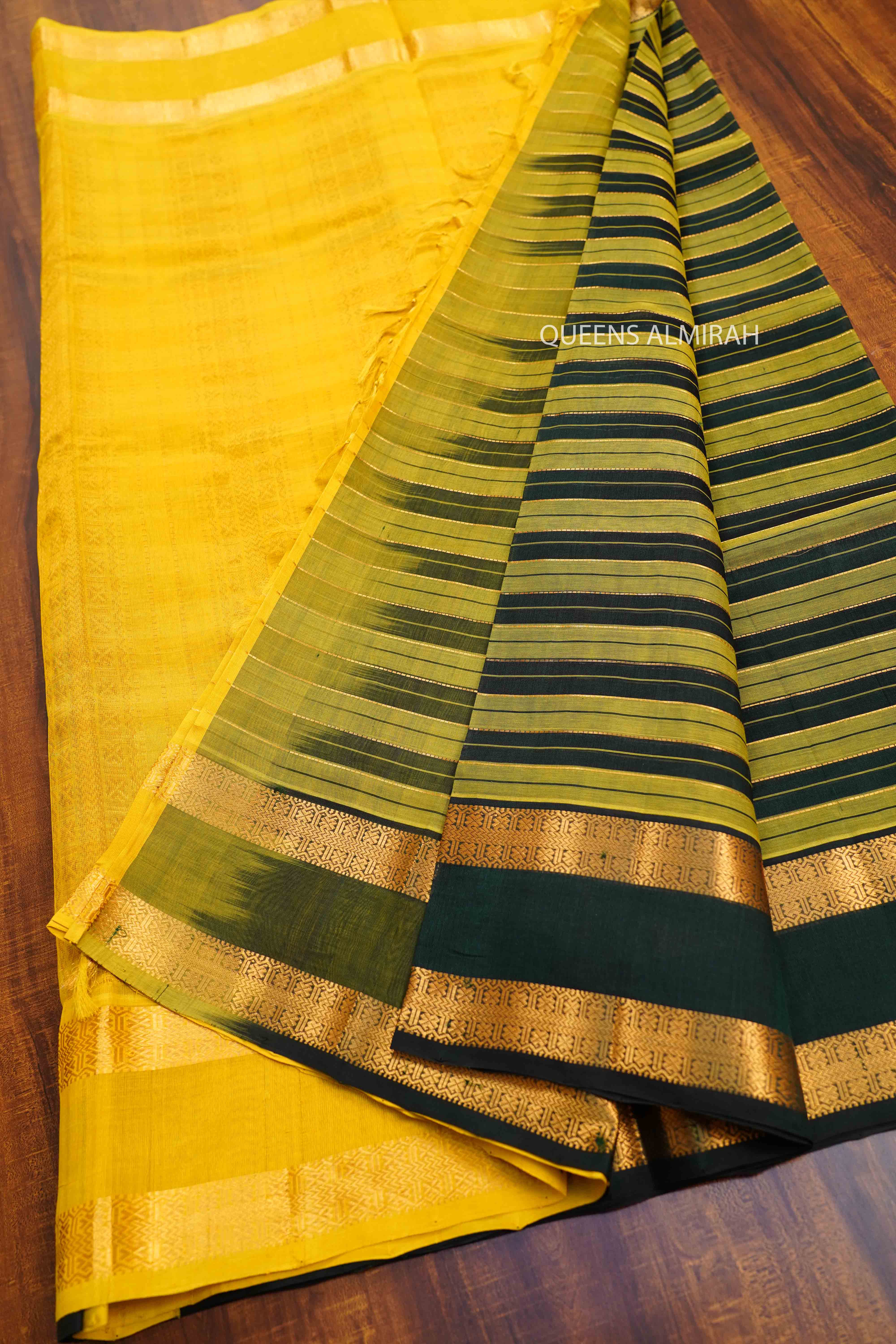 PURE KANCHI SILK COTTON -BOTTLE GREEN WITH OLIVE YELLOW - Queens Jewel Emporium