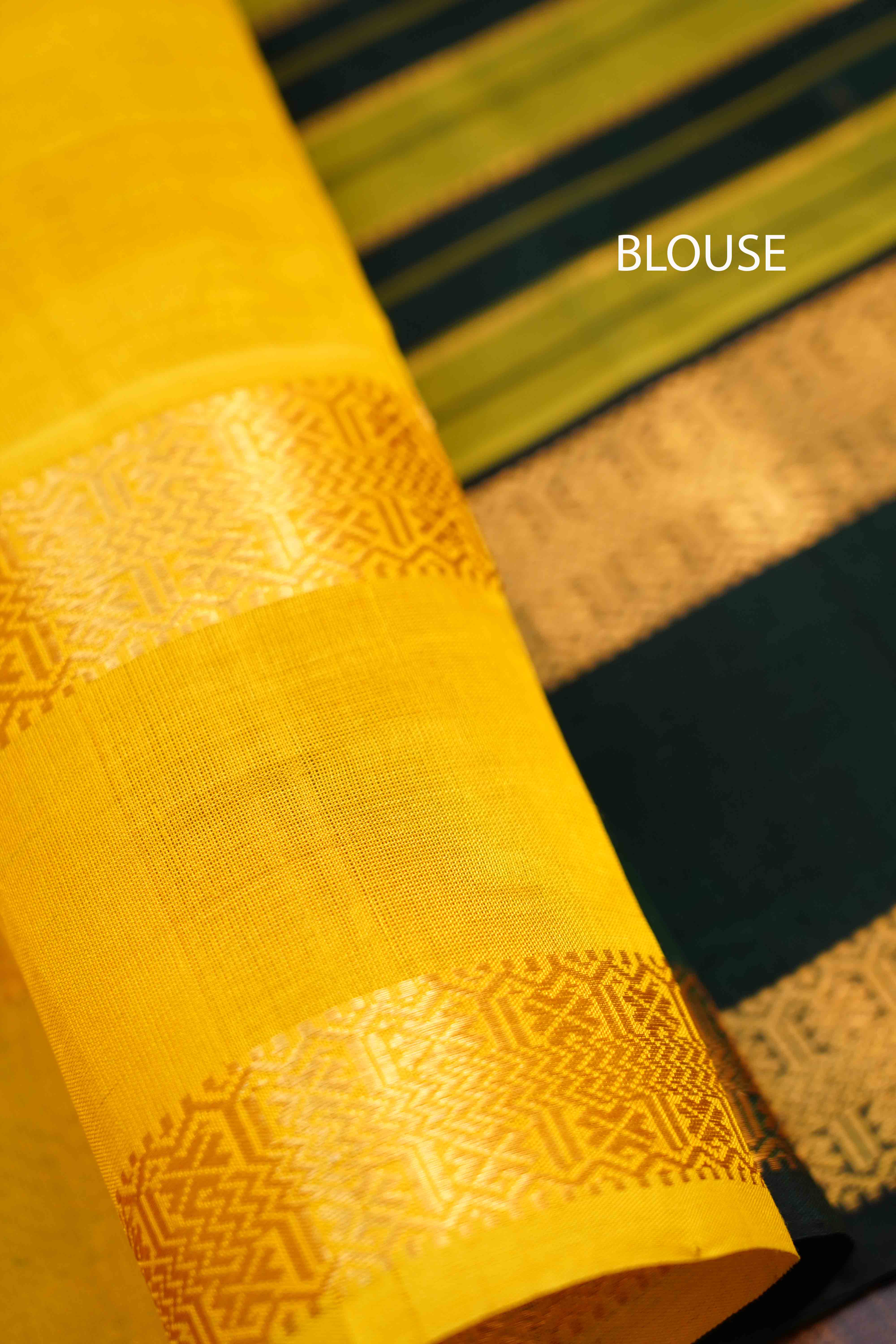 PURE KANCHI SILK COTTON -BOTTLE GREEN WITH OLIVE YELLOW - Queens Jewel Emporium