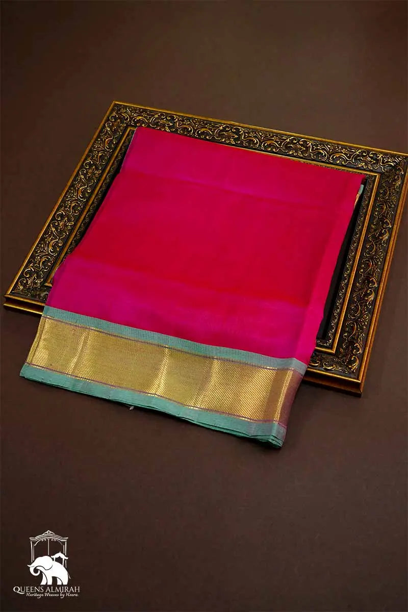 PURE KANCHI SILK COTTON - BRIGHT PINK WITH JADE GREEN - Queens Jewel Emporium