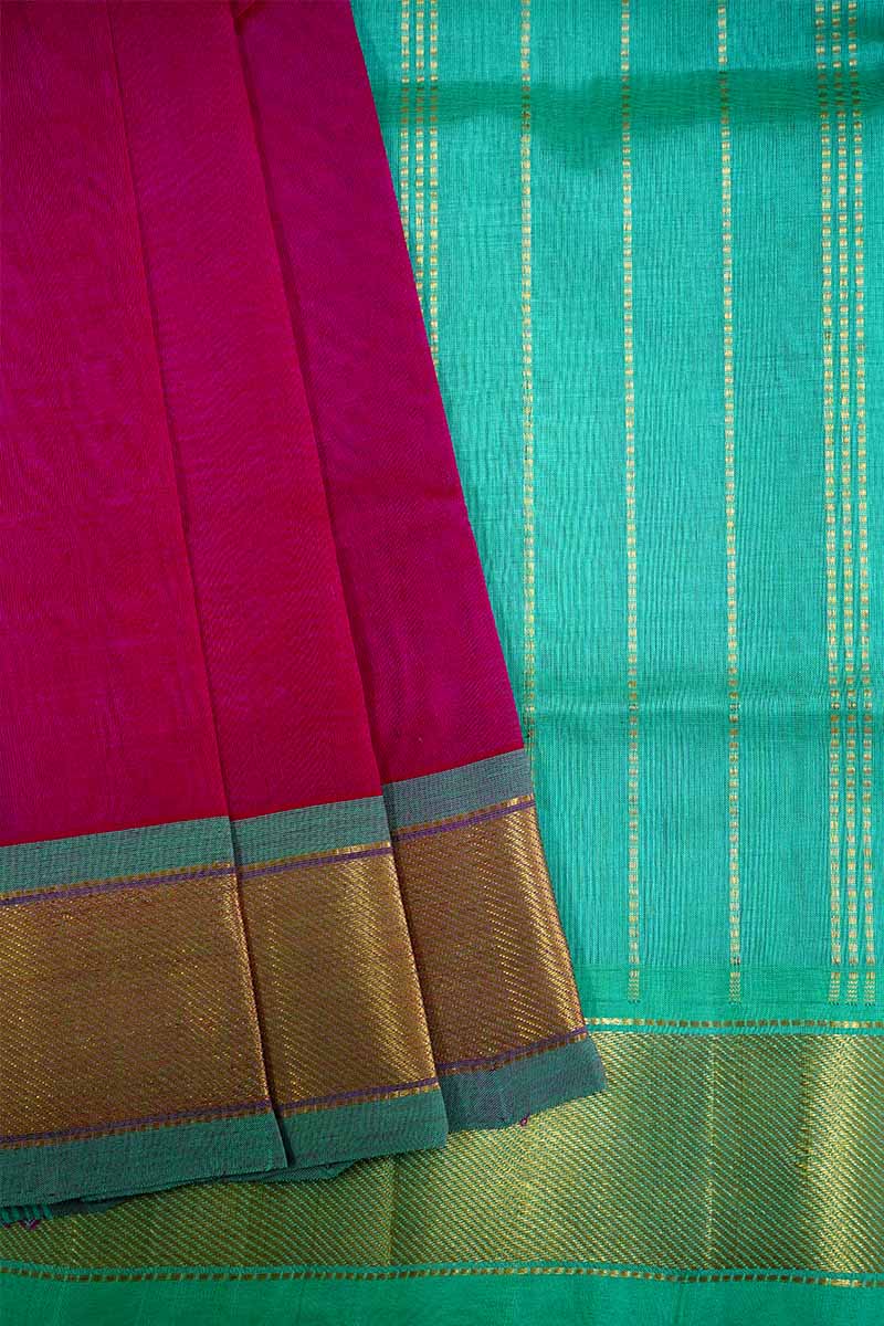 PURE KANCHI SILK COTTON - BRIGHT PINK WITH JADE GREEN - Queens Jewel Emporium