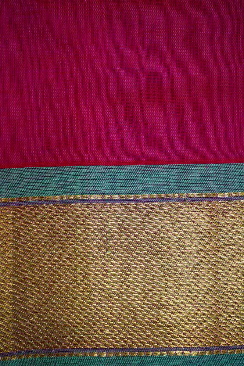 PURE KANCHI SILK COTTON - BRIGHT PINK WITH JADE GREEN - Queens Jewel Emporium