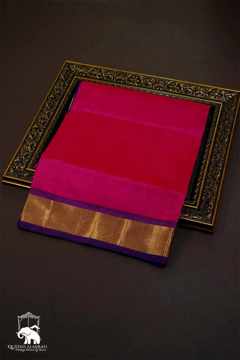 PURE KANCHI SILK COTTON - BRIGHT PINK WITH PURPLE - Queens Jewel Emporium