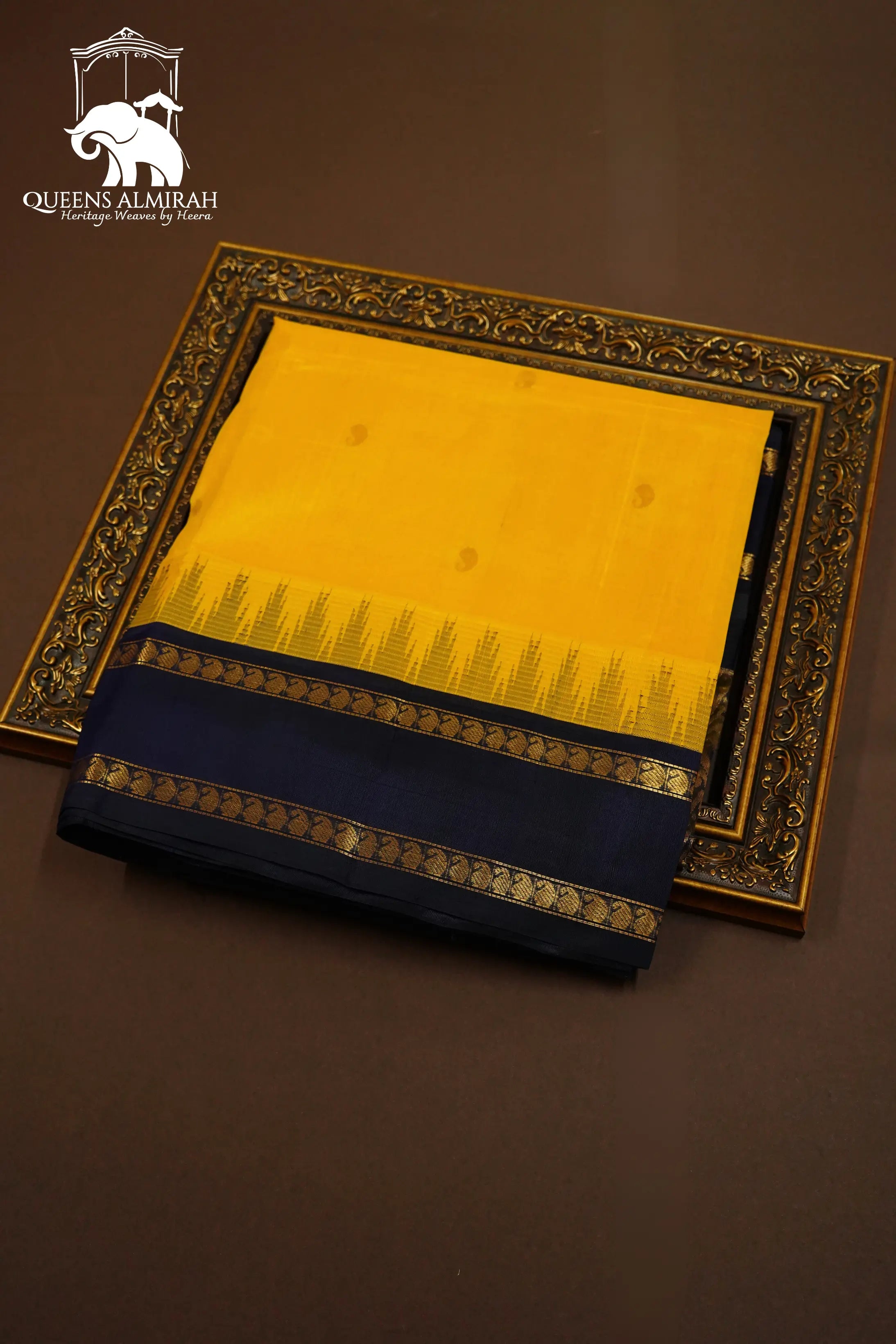 PURE KANCHI SILK COTTON - BURNT YELLOW WITH DARK NAVY BLUE - Queens Jewel Emporium